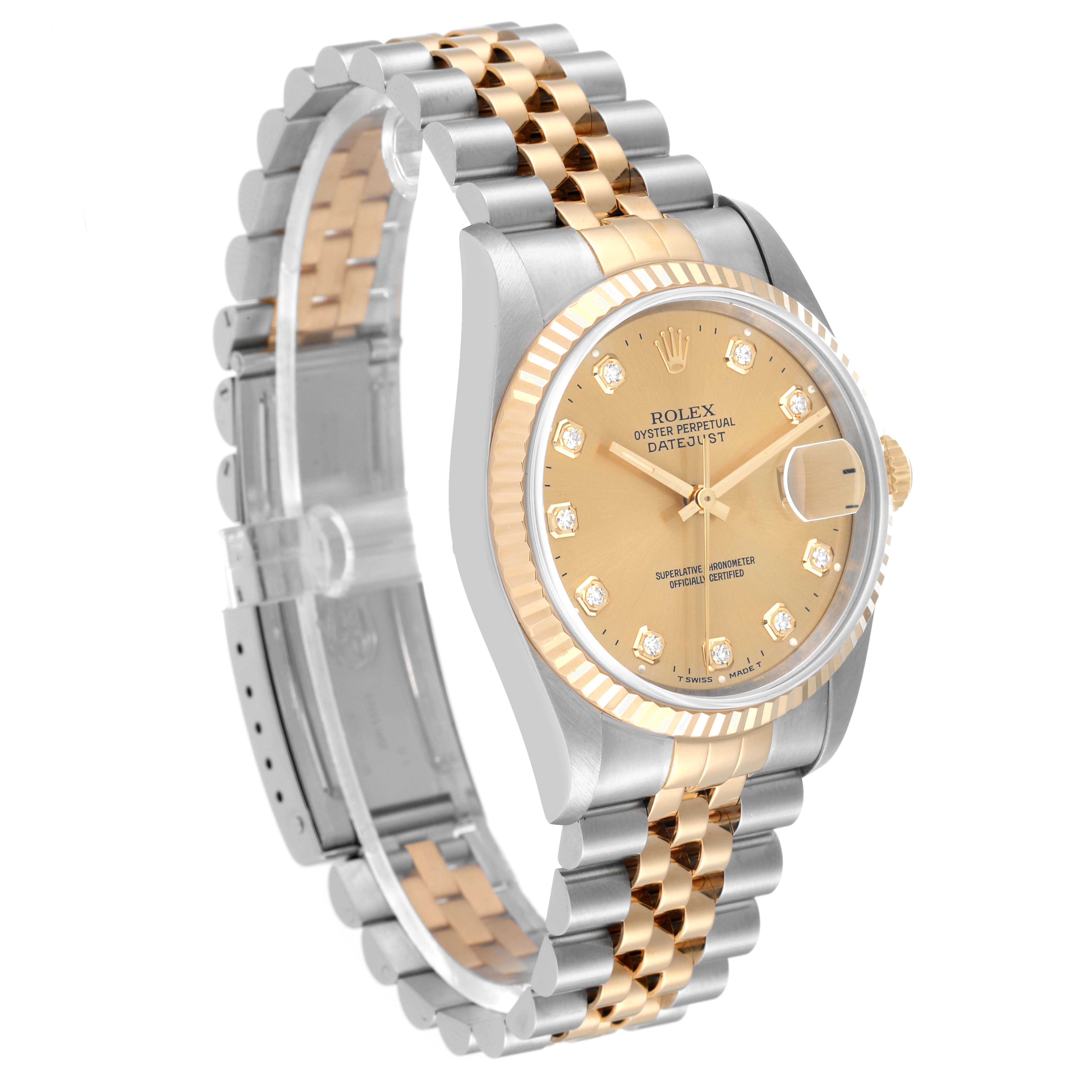 This image shows a side angle view of a Rolex Datejust 16233 Men's Steel and Gold (two tone) Champagne Dial 16233 Men's Steel and Gold (two tone) Champagne Dial watch featuring the dial, bezel, crown, and Jubilee bracelet.