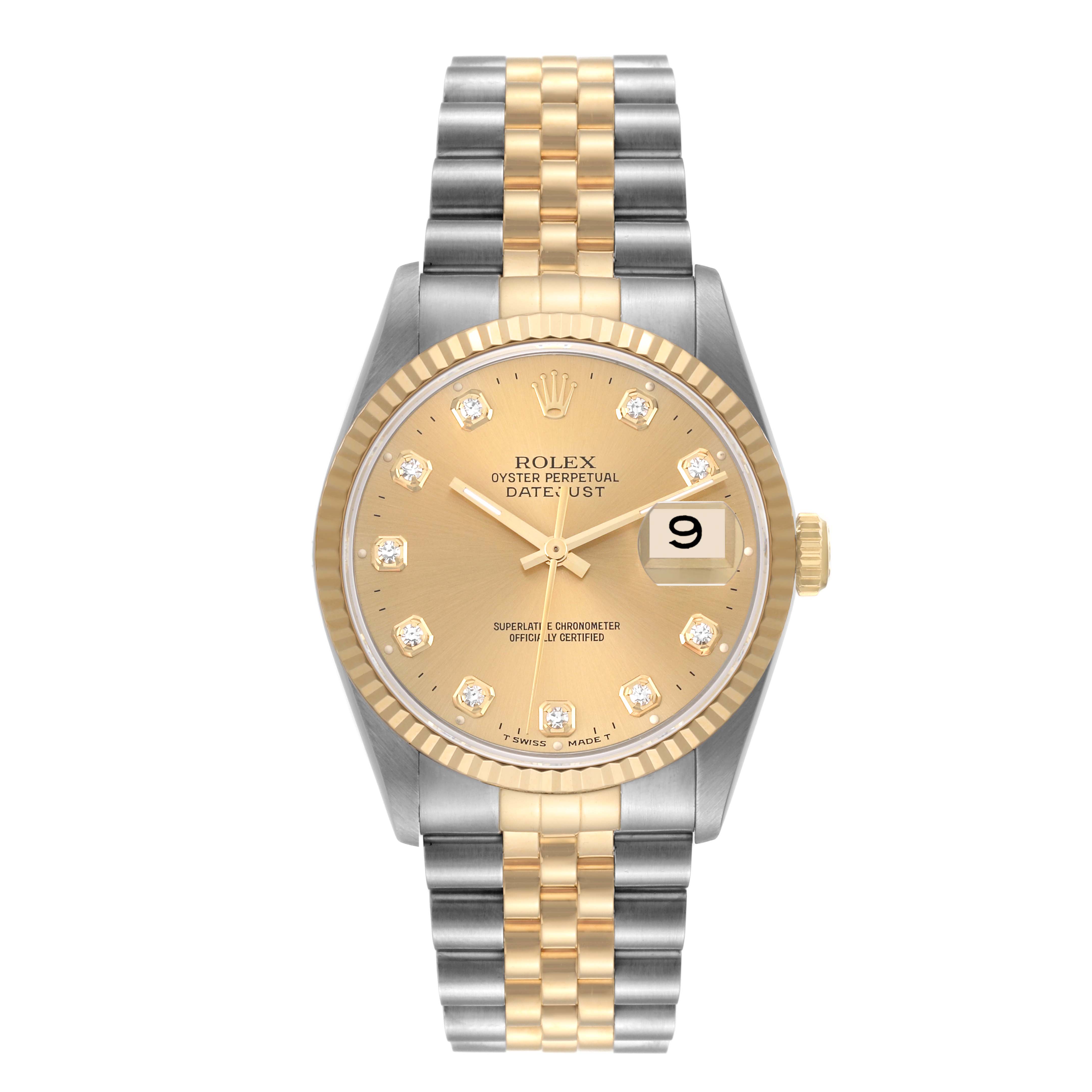 The image shows a front view of the Rolex Datejust 16233 Men's Steel and Gold (two tone) Champagne Dial 16233 Men's Steel and Gold (two tone) Champagne Dial watch, showcasing its dial, bezel, and two-tone bracelet.