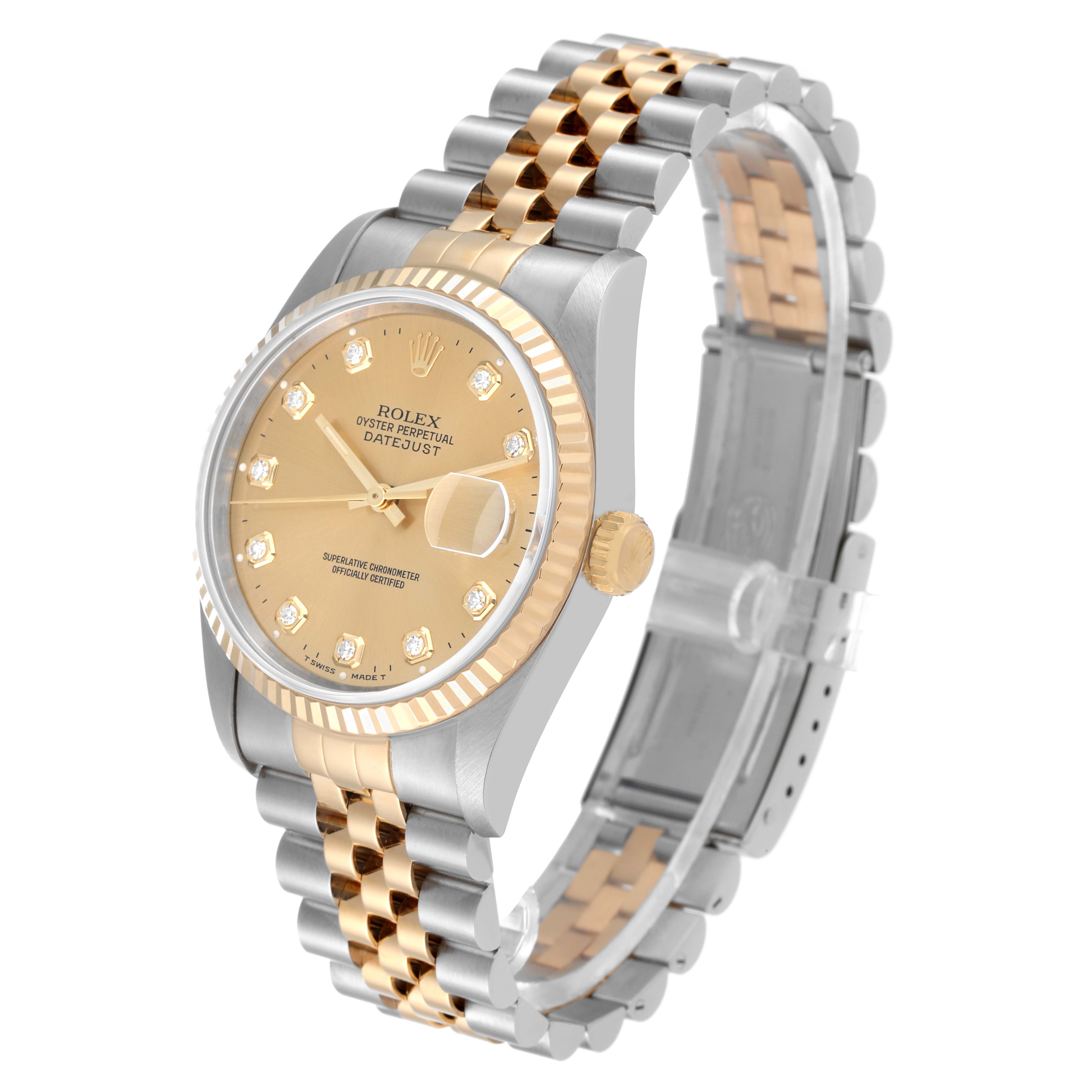 This image shows a Rolex Datejust 16233 Men's Steel and Gold (two tone) Champagne Dial 16233 Men's Steel and Gold (two tone) Champagne Dial watch at a slight angle, featuring its bracelet, gold-tone bezel, dial, and crown.