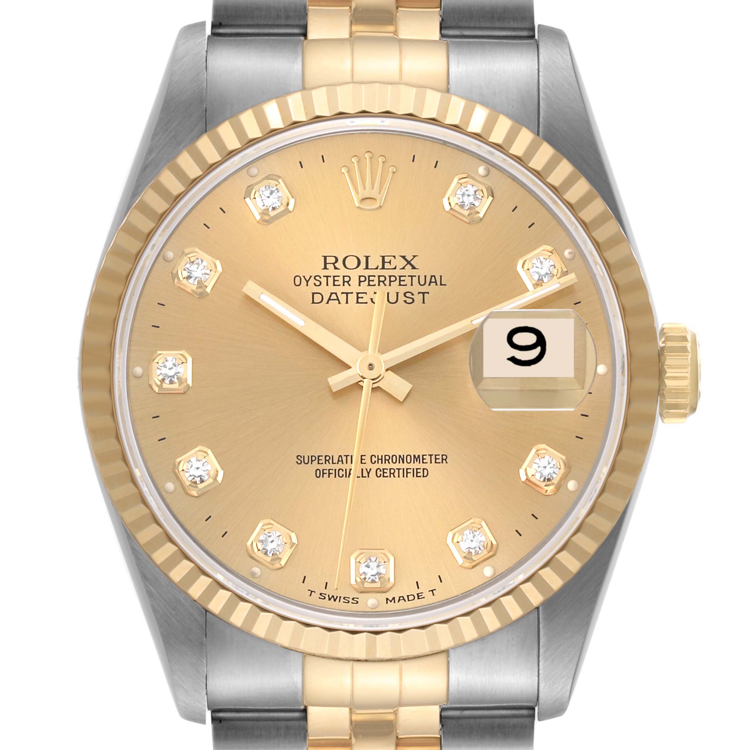 This image shows a front view of the Rolex Datejust 16233 Men's Steel and Gold (two tone) Champagne Dial 16233 Men's Steel and Gold (two tone) Champagne Dial watch, highlighting its dial, bezel, and part of the bracelet.
