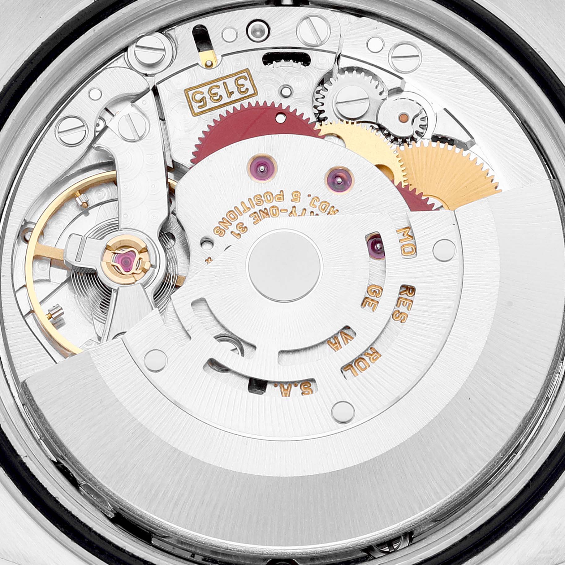 This image shows the intricate internal mechanism of a Rolex Datejust 16233 Men's Steel and Gold (two tone) Champagne Dial 16233 Men's Steel and Gold (two tone) Champagne Dial watch at a close-up angle.