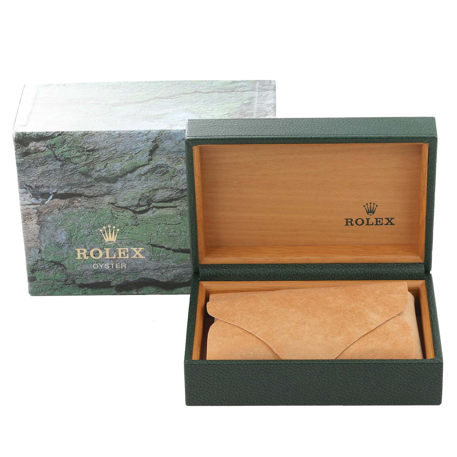 The image shows the packaging for a Rolex Datejust 16233 Men's Steel and Gold (two tone) Champagne Dial 16233 Men's Steel and Gold (two tone) Champagne Dial, including an outer box and an open inner wooden box containing a pouch.