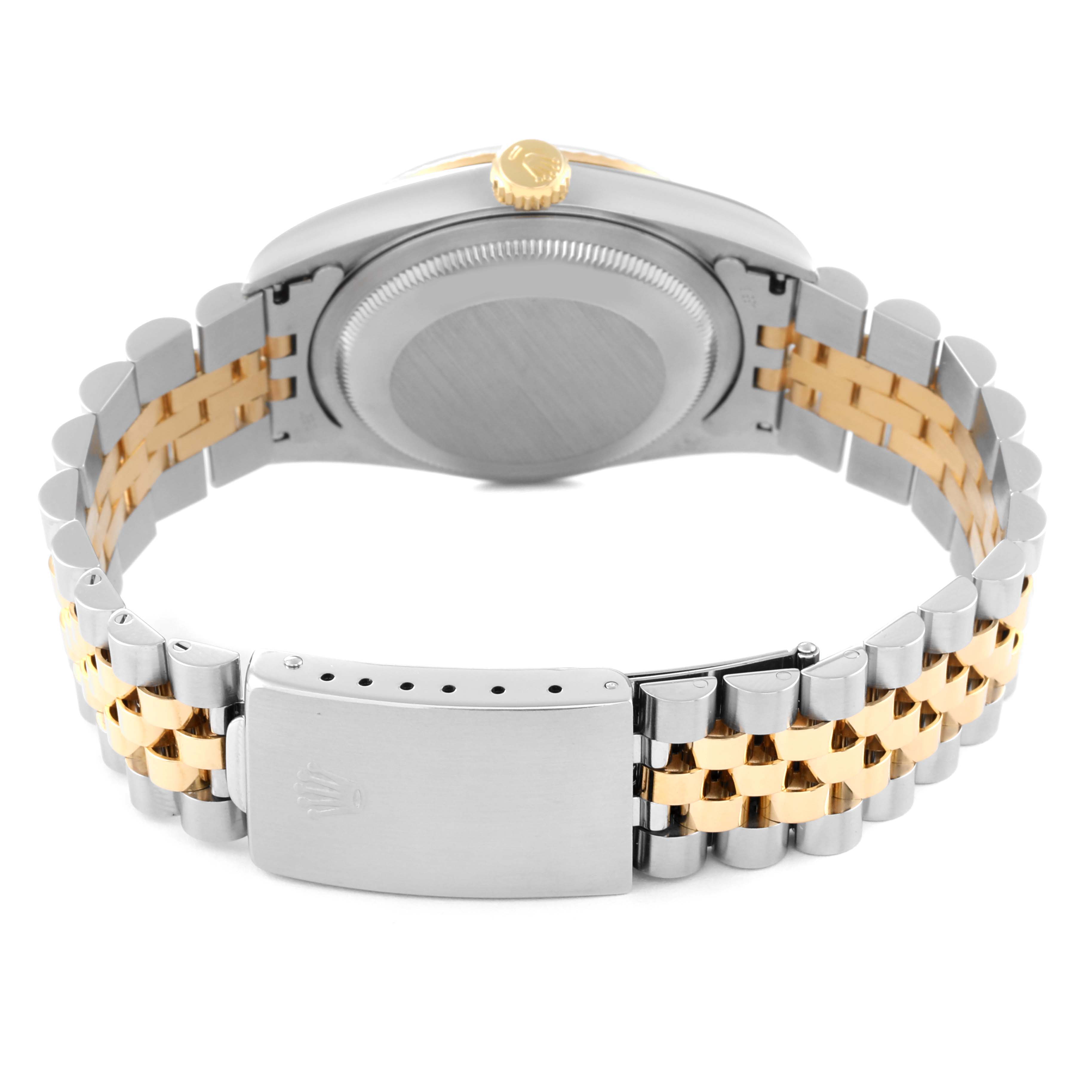 This image shows the back view of a Rolex Datejust 16233 Men's Steel and Gold (two tone) Champagne Dial 16233 Men's Steel and Gold (two tone) Champagne Dial watch, highlighting its case back, Jubilee bracelet, and clasp.