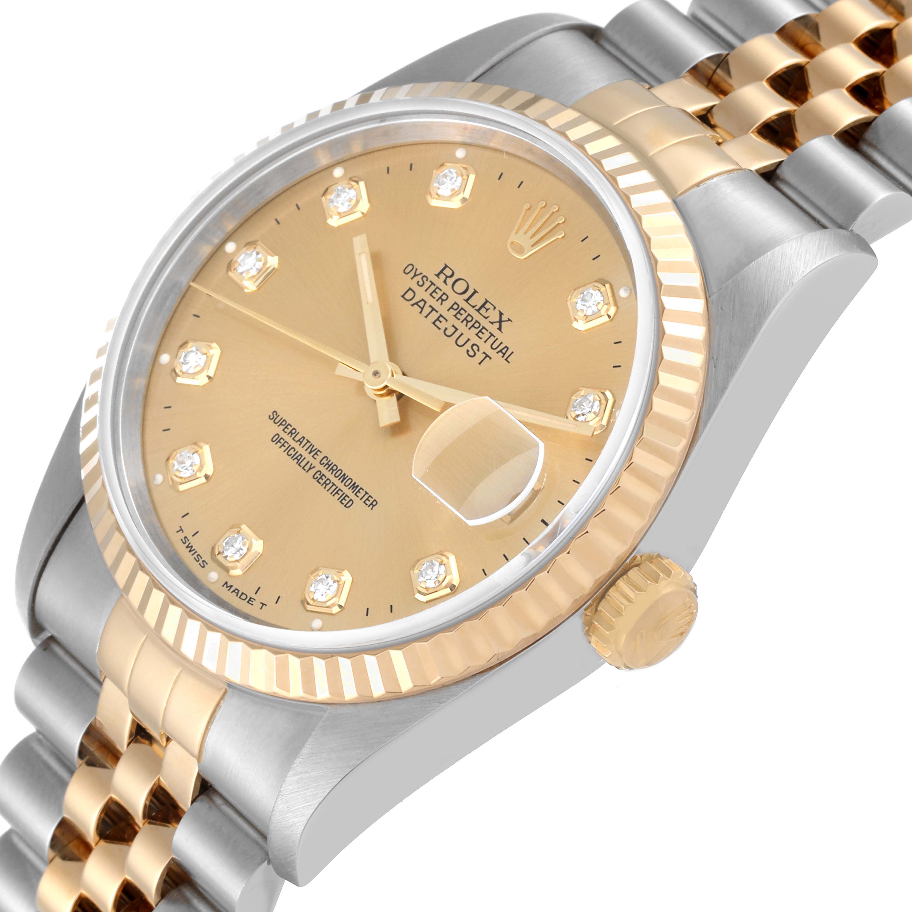 This Rolex Datejust 16233 Men's Steel and Gold (two tone) Champagne Dial 16233 Men's Steel and Gold (two tone) Champagne Dial watch is shown at an angled view, highlighting its face, bezel, crown, and part of the bracelet.