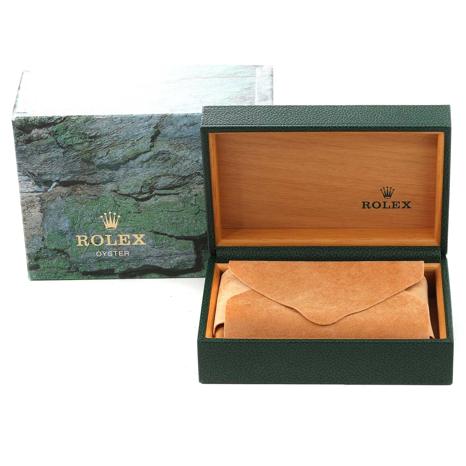 The image shows a Rolex Datejust 16233 Men's Steel and Gold (two tone) Blue Dial 16233 Men's Steel and Gold (two tone) Blue Dial watch box and wrappings, with the box opened to reveal a leather pouch inside.
