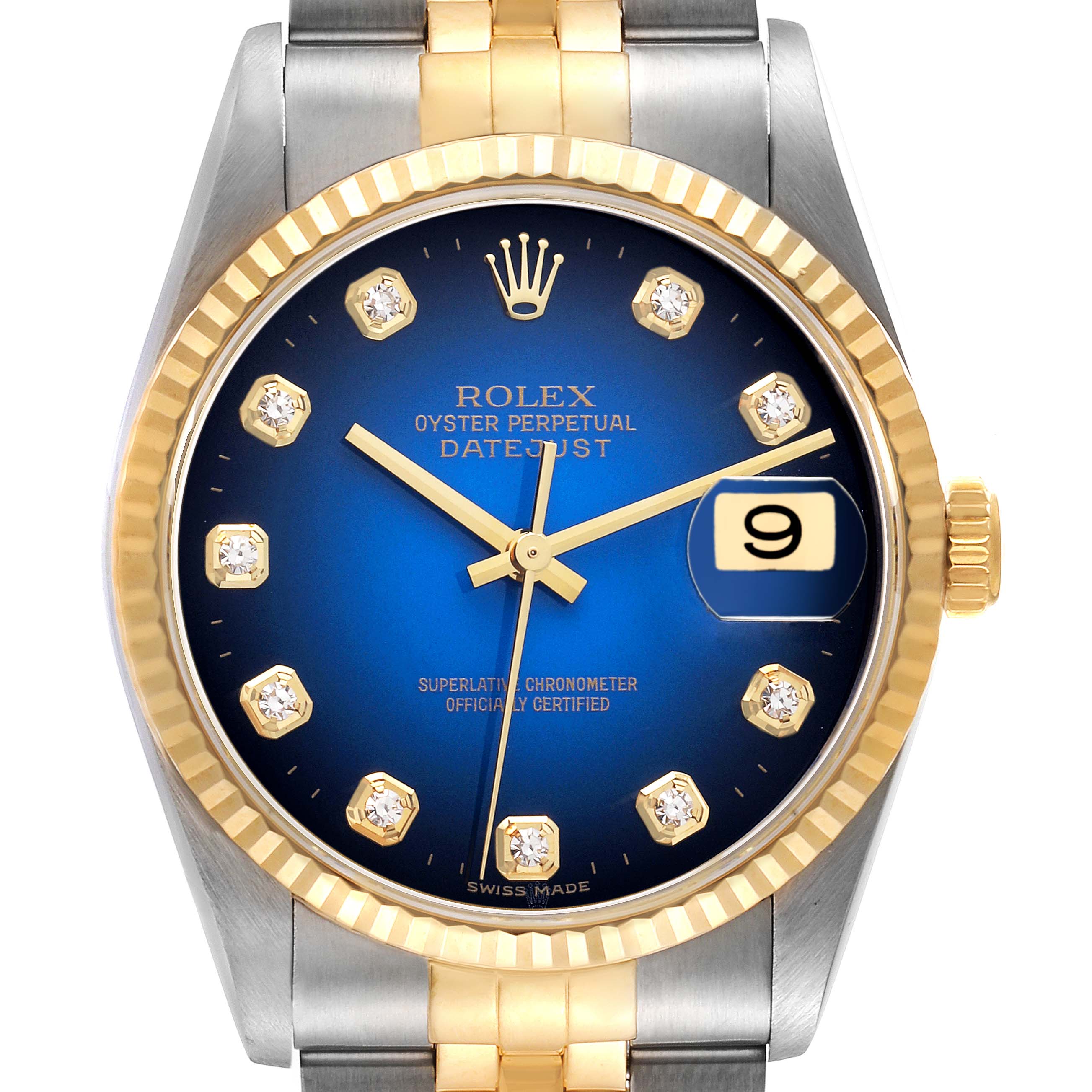 The Rolex Datejust 16233 Men's Steel and Gold (two tone) Blue Dial 16233 Men's Steel and Gold (two tone) Blue Dial watch features a blue dial, gold accents, and a bi-metal bracelet, shown from a front angle.