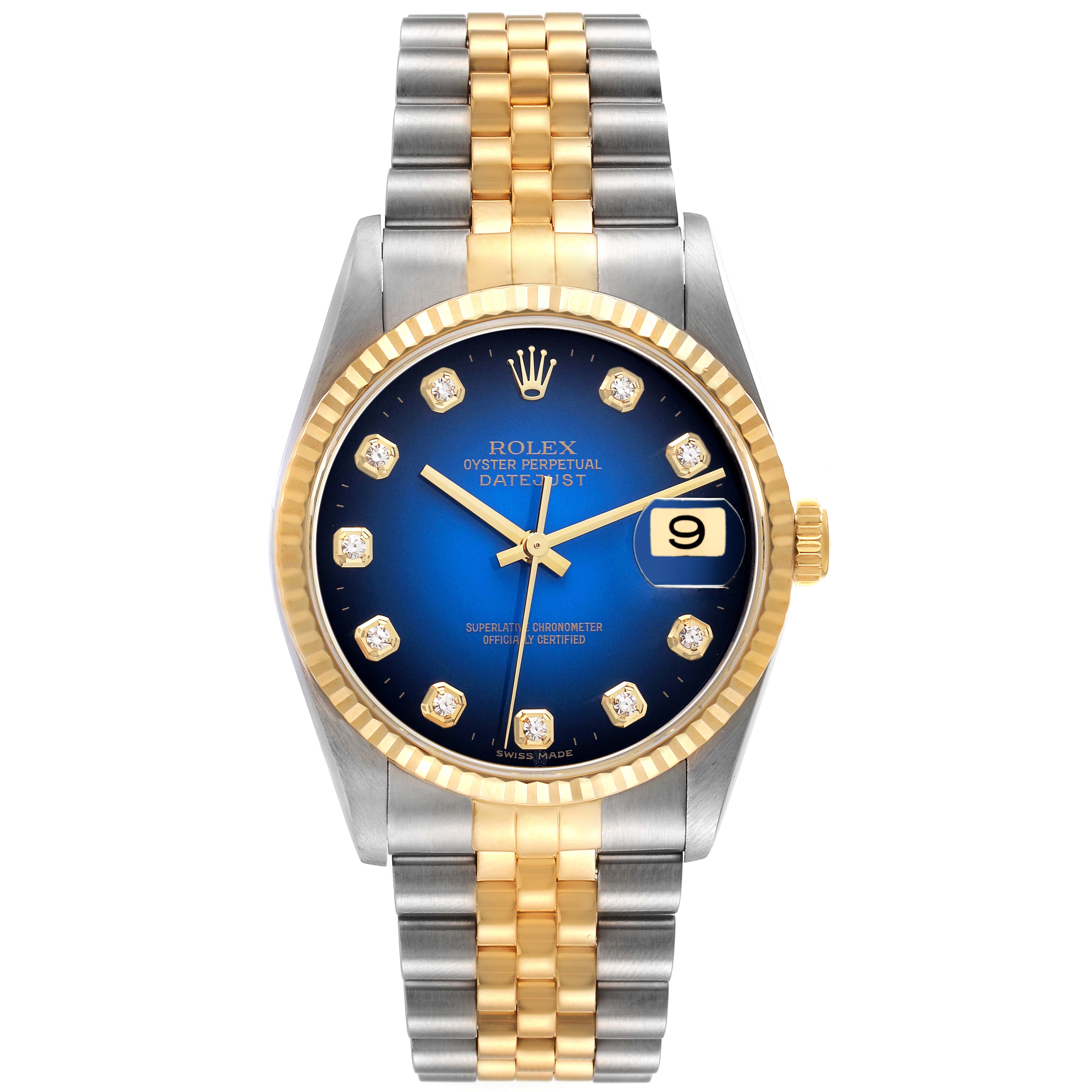 This Rolex Datejust 16233 Men's Steel and Gold (two tone) Blue Dial 16233 Men's Steel and Gold (two tone) Blue Dial model is shown from the front angle, displaying its blue dial, fluted bezel, and two-tone bracelet.