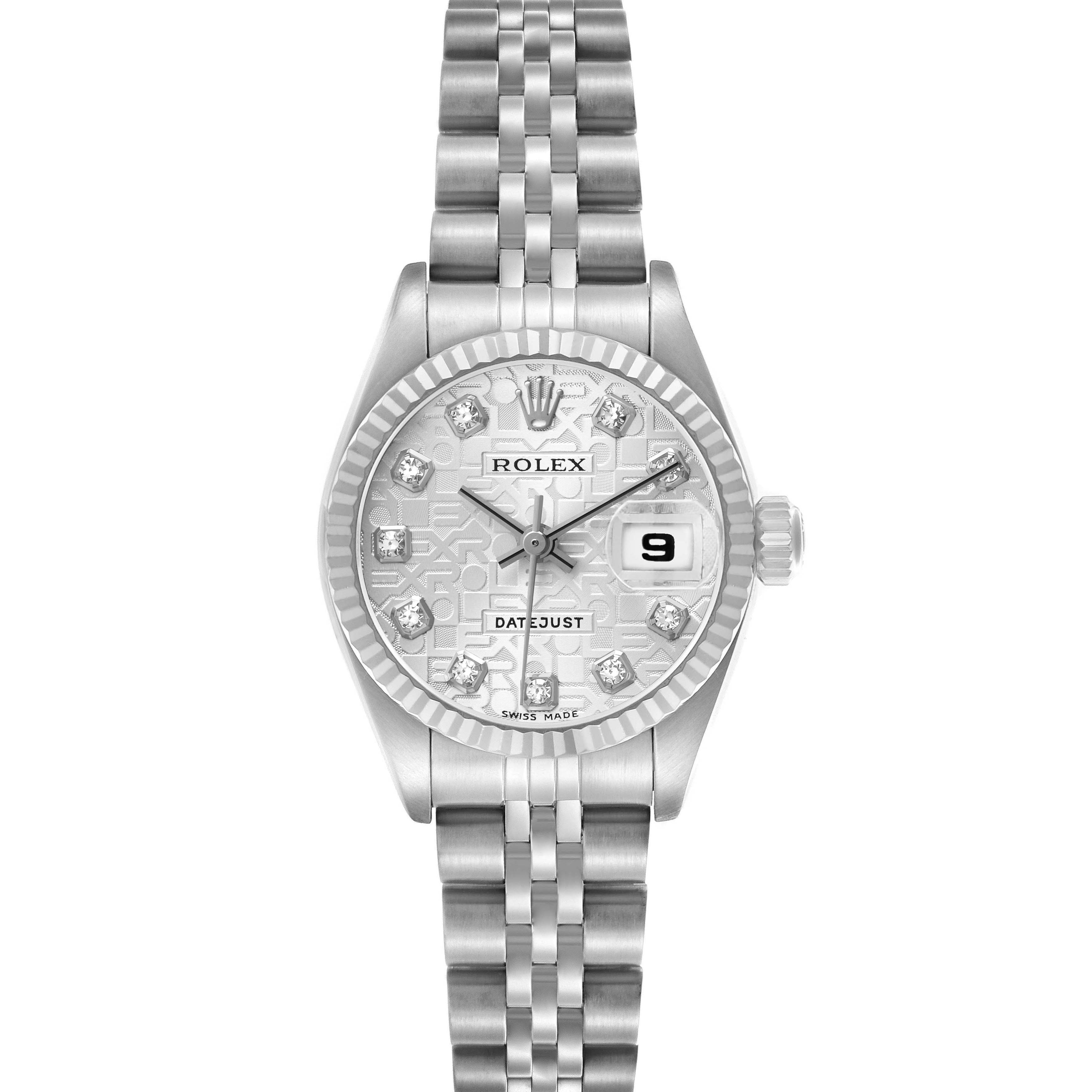 The Rolex Datejust 79174 Women's Stainless Steel Silver Dial watch is shown from a top-down angle, displaying the dial, bezel, and bracelet.