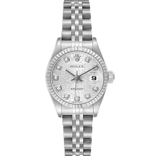 The Rolex Datejust 79174 Women's Stainless Steel Silver Dial watch is shown from a front angle, highlighting its dial, bezel, bracelet, and crown.
