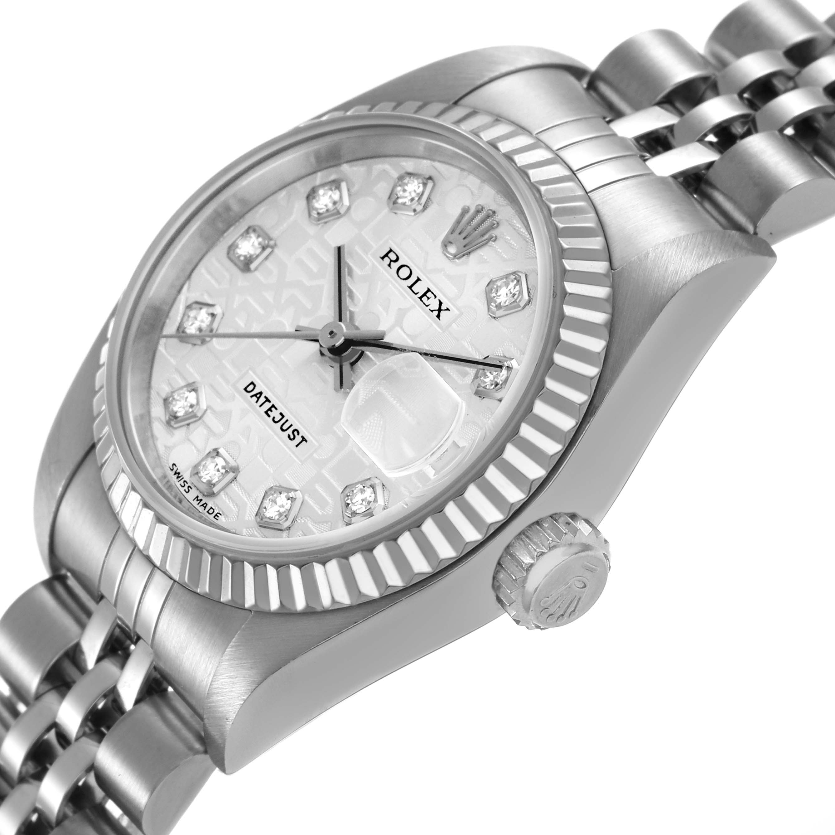 The Rolex Datejust 79174 Women's Stainless Steel Silver Dial watch is shown at an angle highlighting the face, bezel, crown, and bracelet.
