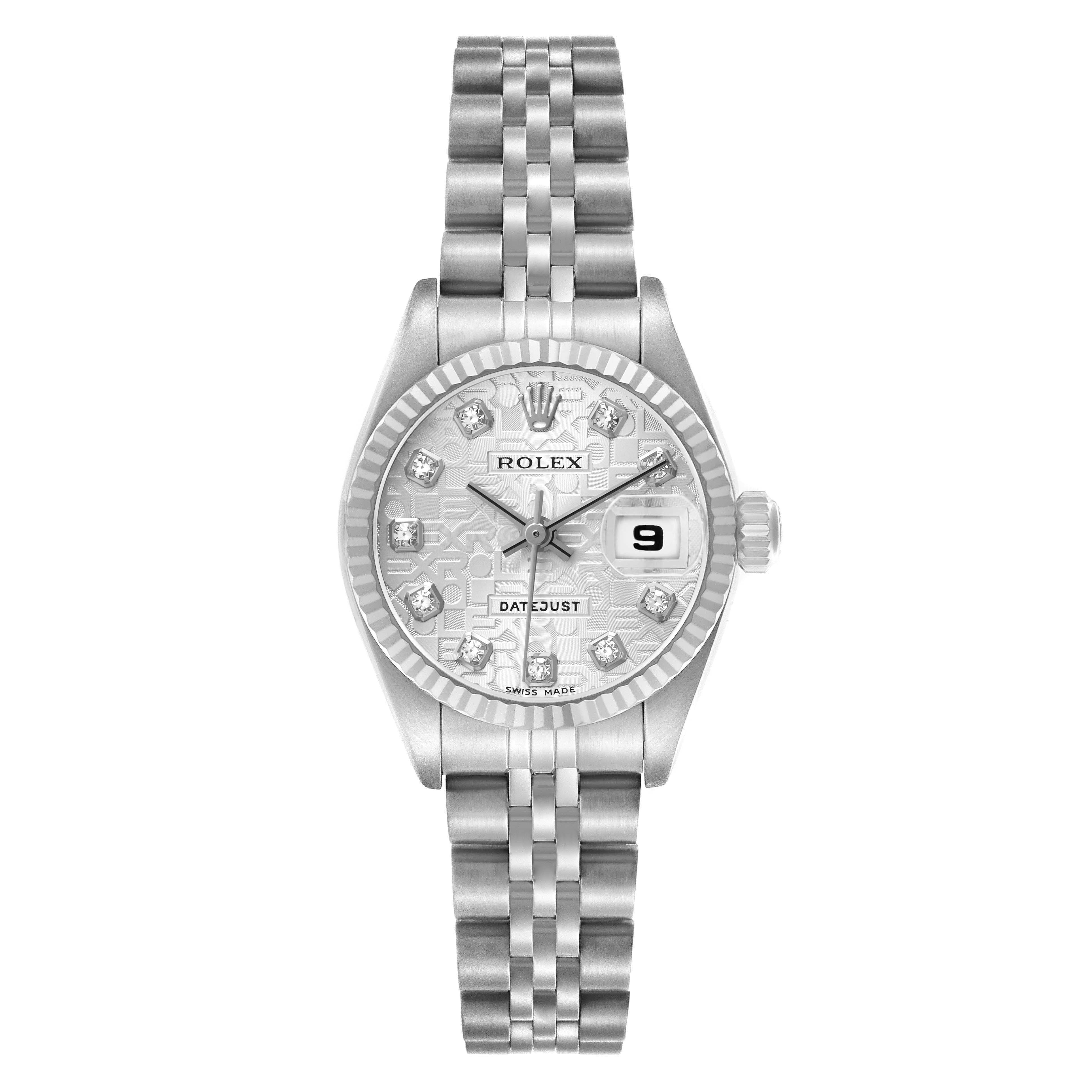 The Rolex Datejust 79174 Women's Stainless Steel Silver Dial watch is shown from the front, featuring its dial, hands, bezel, date window, and bracelet.