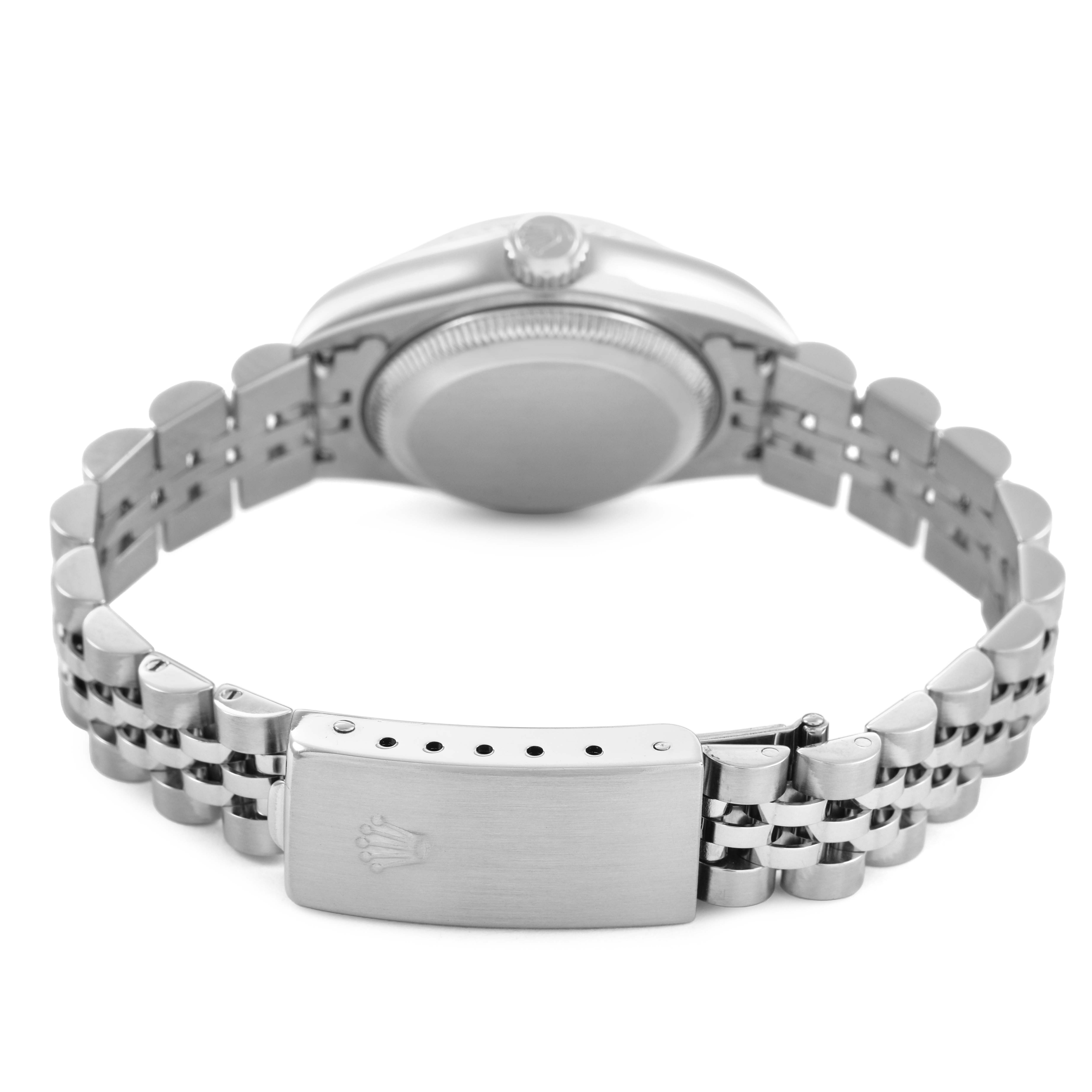 The image shows the back view of the Rolex Datejust 79174 Women's Stainless Steel Silver Dial, featuring the case back, crown, and Jubilee bracelet with a clasp.