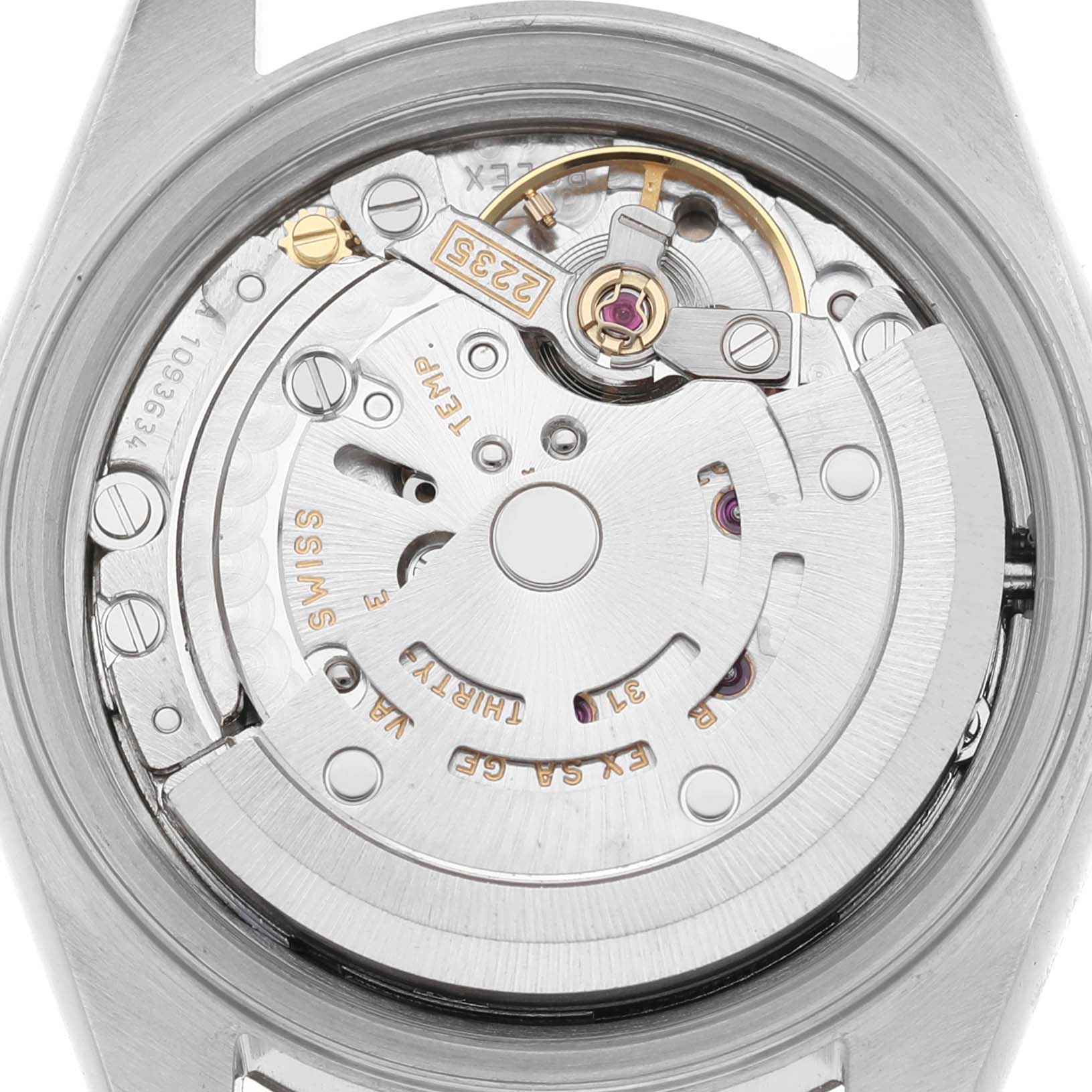 The image shows the movement of a Rolex Datejust 79174 Women's Stainless Steel Silver Dial watch from a top-down angle.