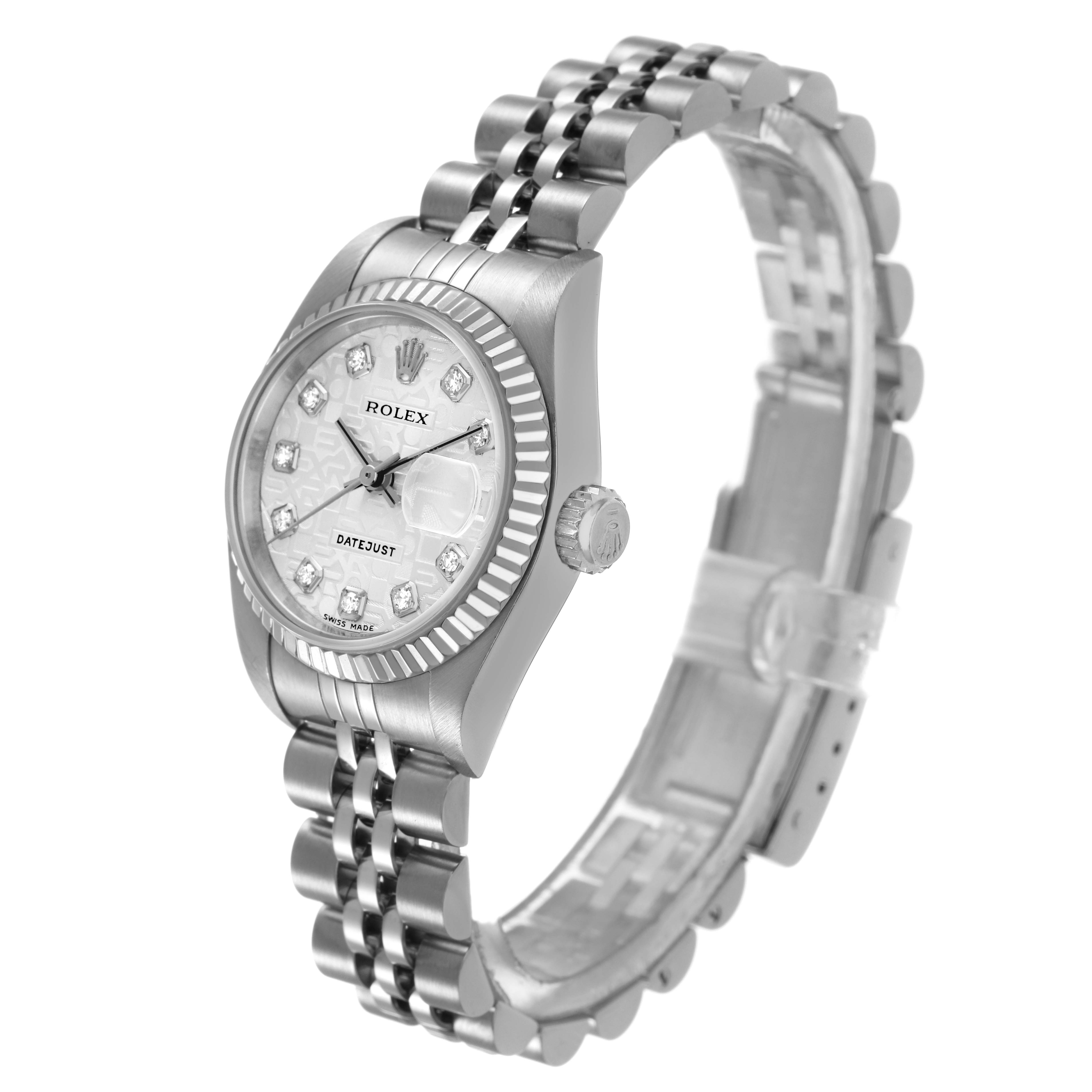 The Rolex Datejust 79174 Women's Stainless Steel Silver Dial watch is shown from a three-quarter angle, highlighting the bezel, dial, and bracelet.