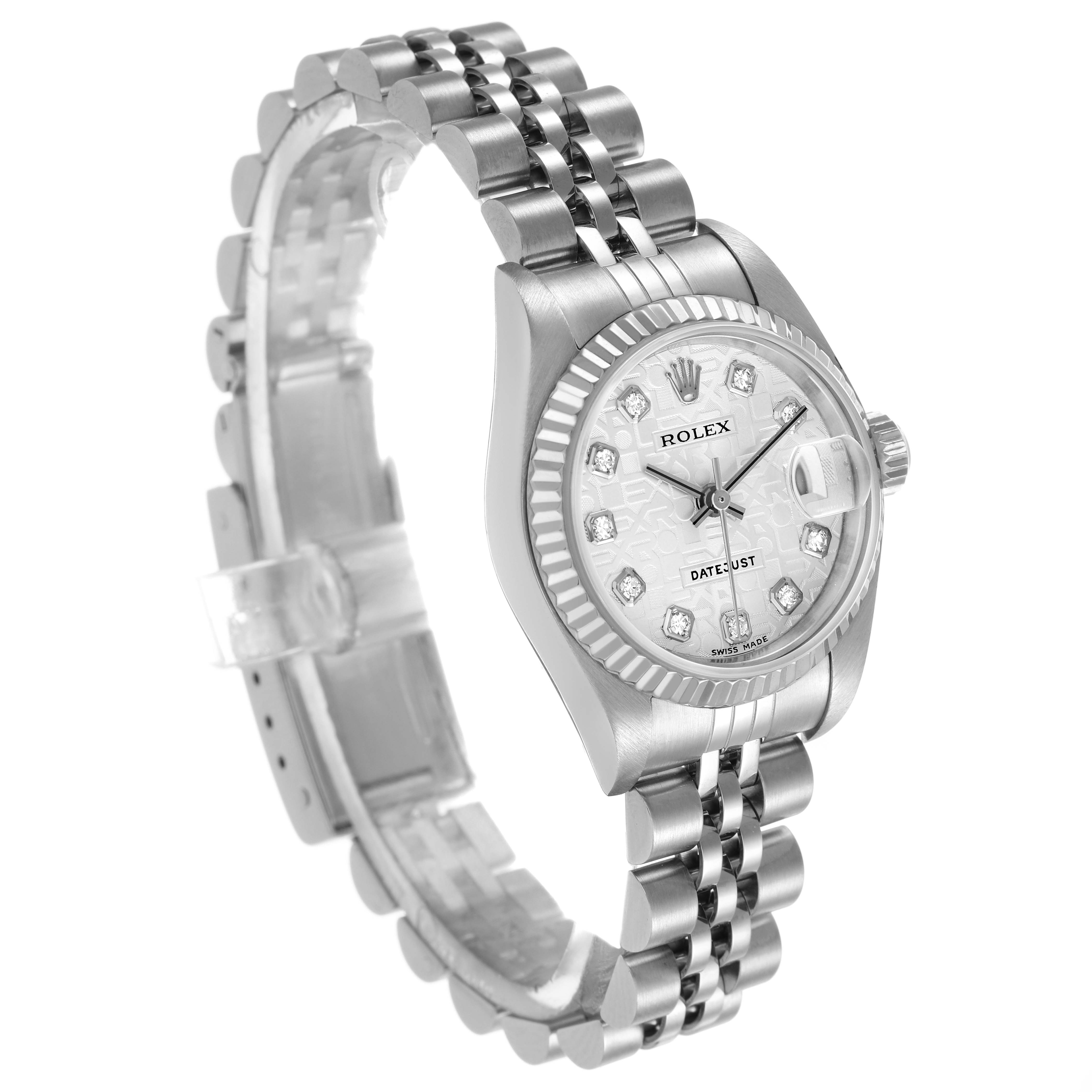 The Rolex Datejust 79174 Women's Stainless Steel Silver Dial watch is shown at a three-quarter angle, highlighting the face, bezel, and bracelet.
