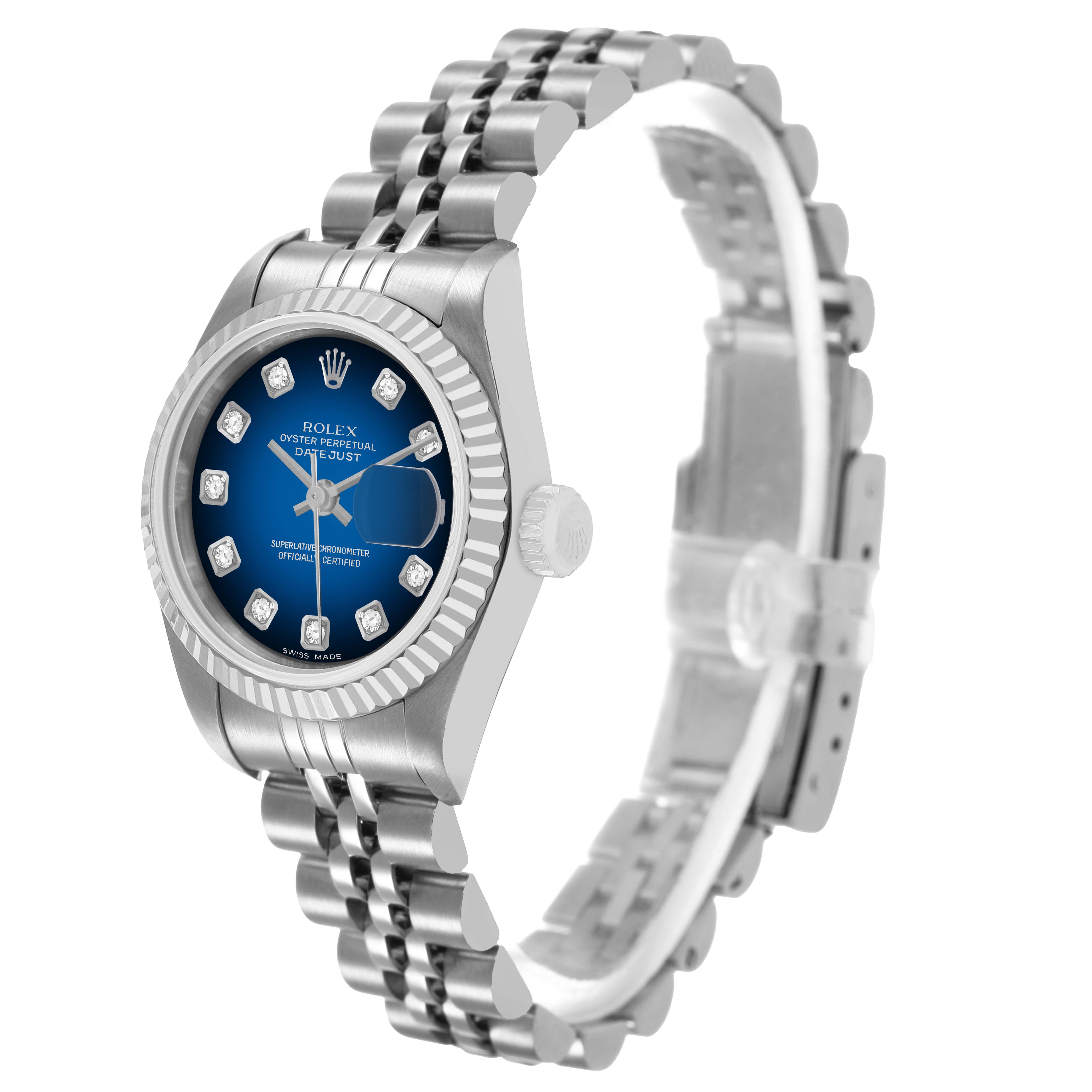 The Rolex Datejust 79174 Women's Stainless Steel Blue Dial watch is shown at an angled view, highlighting the dial, bezel, crown, and bracelet.