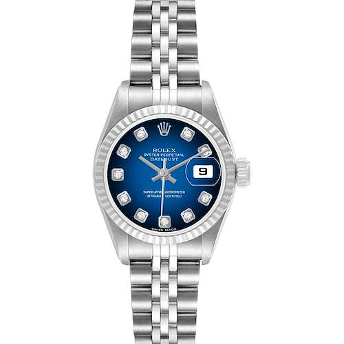 The Rolex Datejust 79174 Women's Stainless Steel Blue Dial watch is shown from the front, highlighting its blue dial, fluted bezel, jubilee bracelet, and date window.