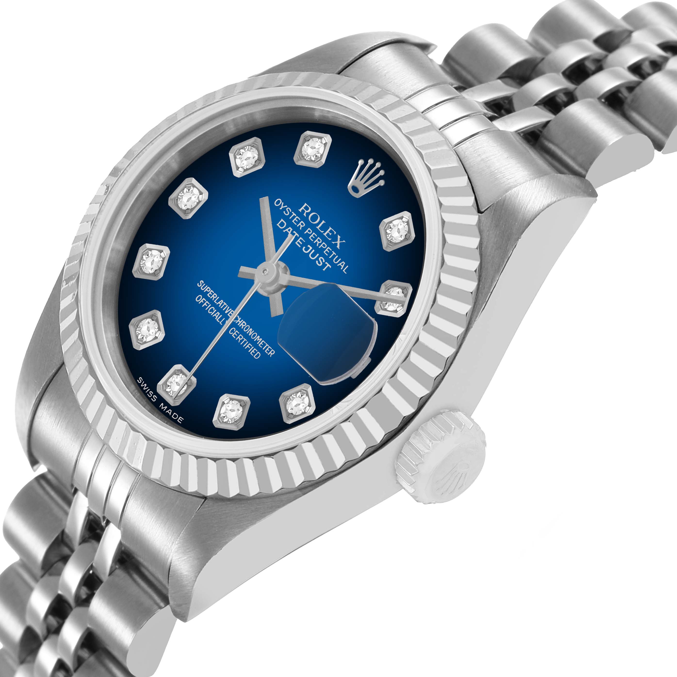 The image shows a Rolex Datejust 79174 Women's Stainless Steel Blue Dial watch at an angled view featuring the dial, bezel, crown, and part of the jubilee bracelet.