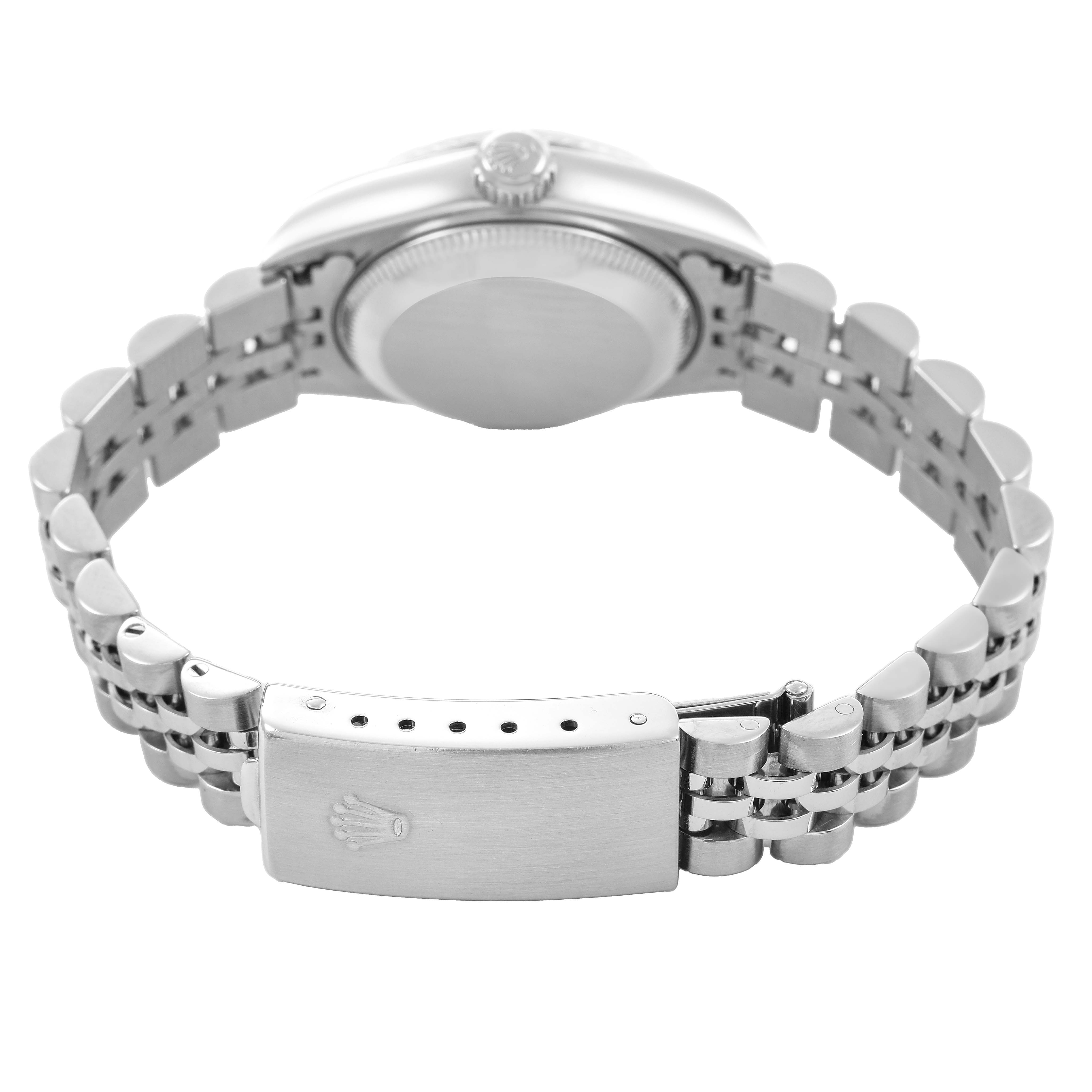 The image shows the back view of the Rolex Datejust 79174 Women's Stainless Steel Blue Dial, highlighting the clasp, bracelet, and case back.