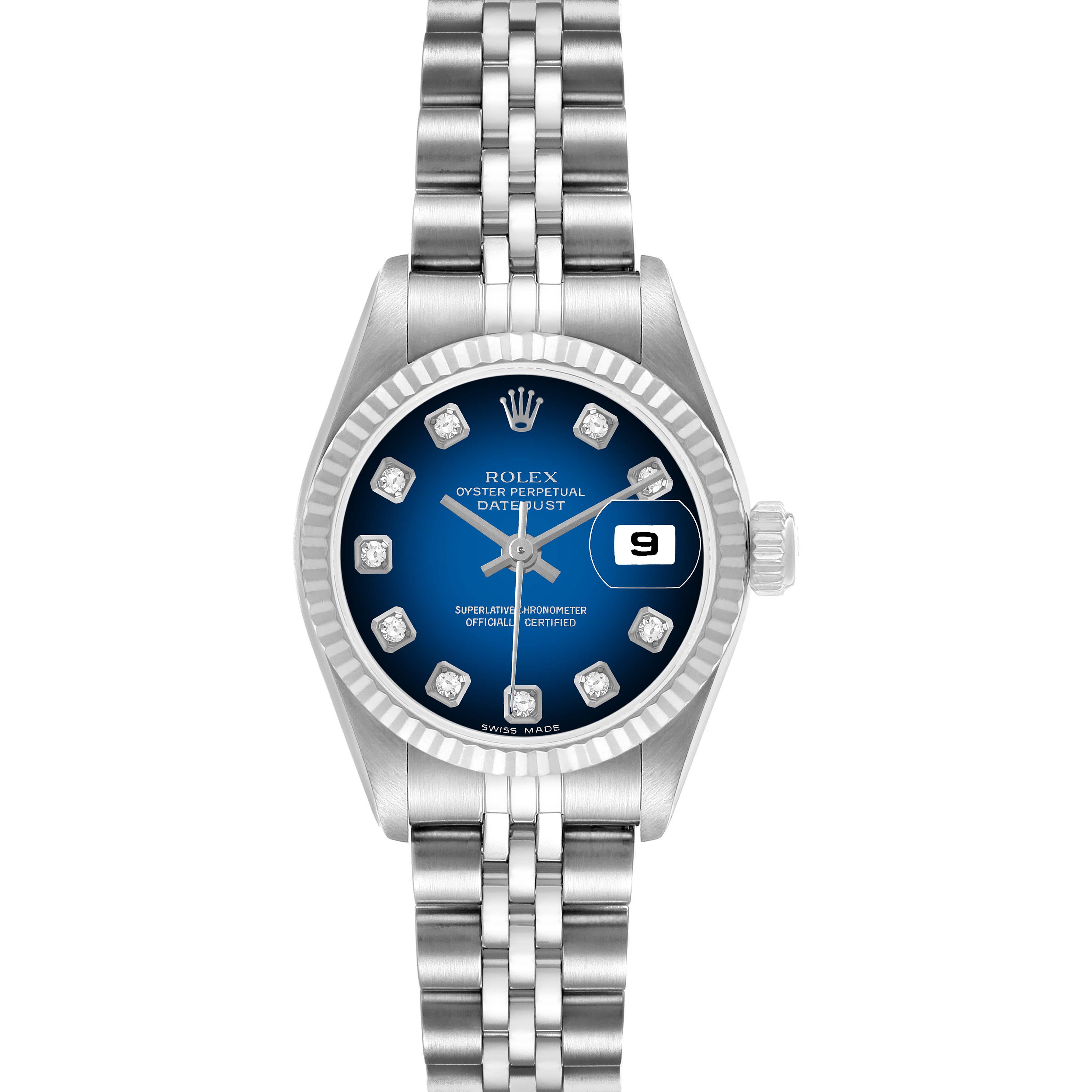 The Rolex Datejust 79174 Women's Stainless Steel Blue Dial watch is shown from a front angle, highlighting the dial, bracelet, and crown.
