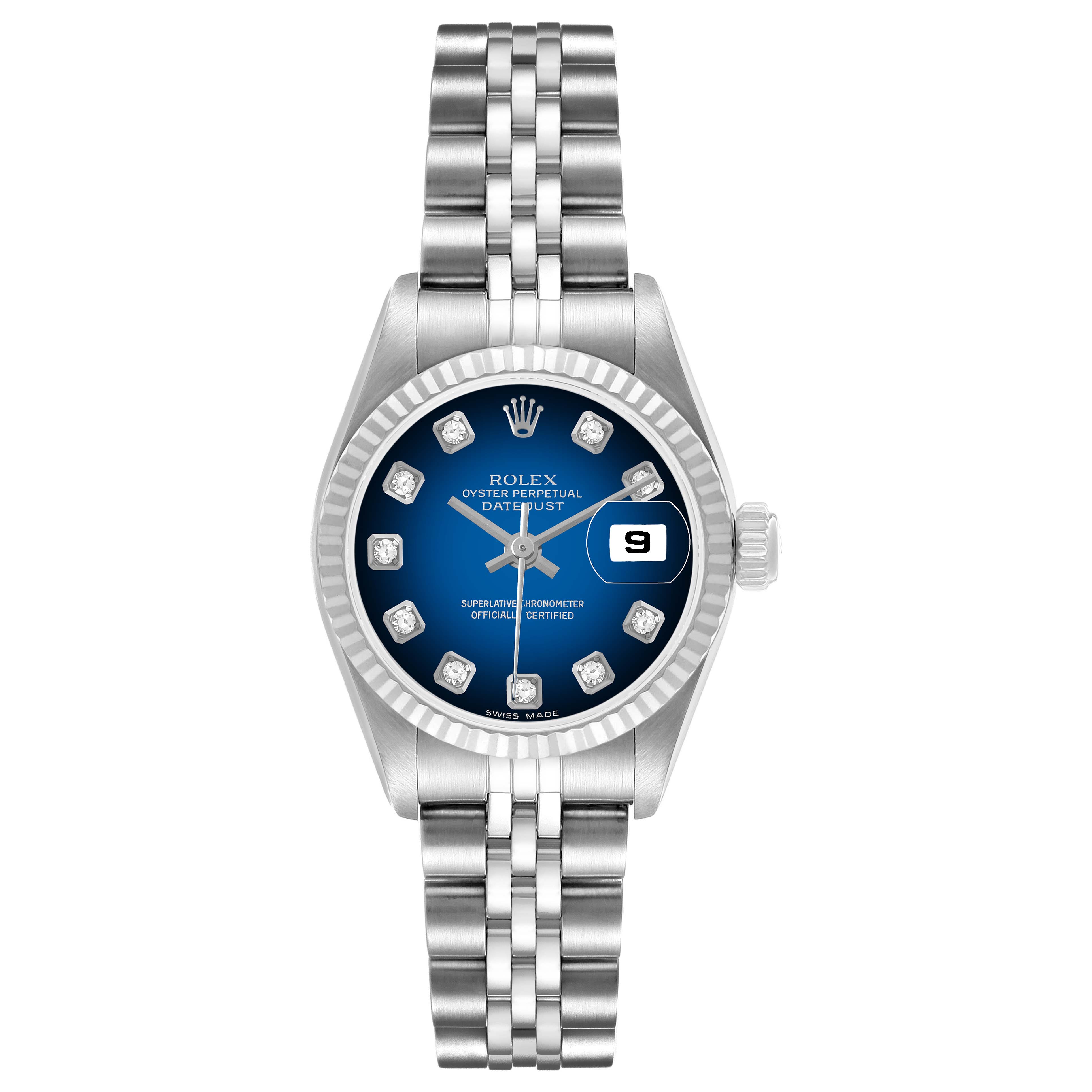 The Rolex Datejust 79174 Women's Stainless Steel Blue Dial watch is shown from a front angle displaying the dial, bezel, bracelet, and date window.