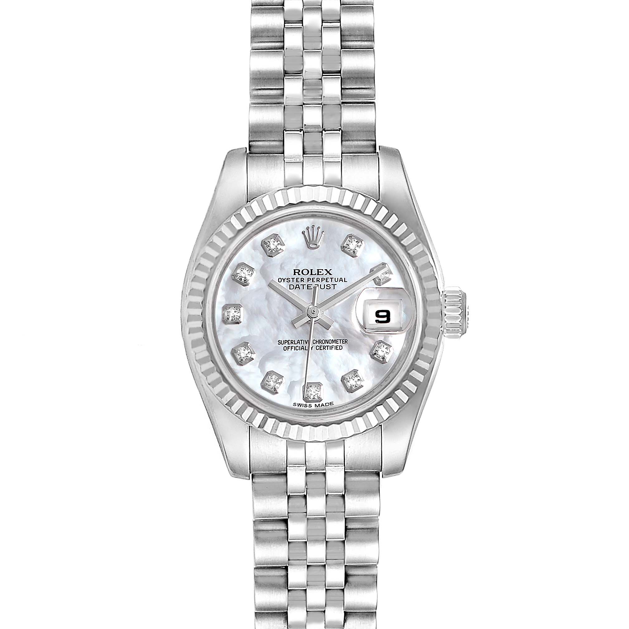 This image shows a front view of a Rolex Datejust 179174 Women's Stainless Steel Mother of Pearl Dial 179174 Women's Stainless Steel Mother of Pearl Dial watch, displaying its dial, bezel, and bracelet.
