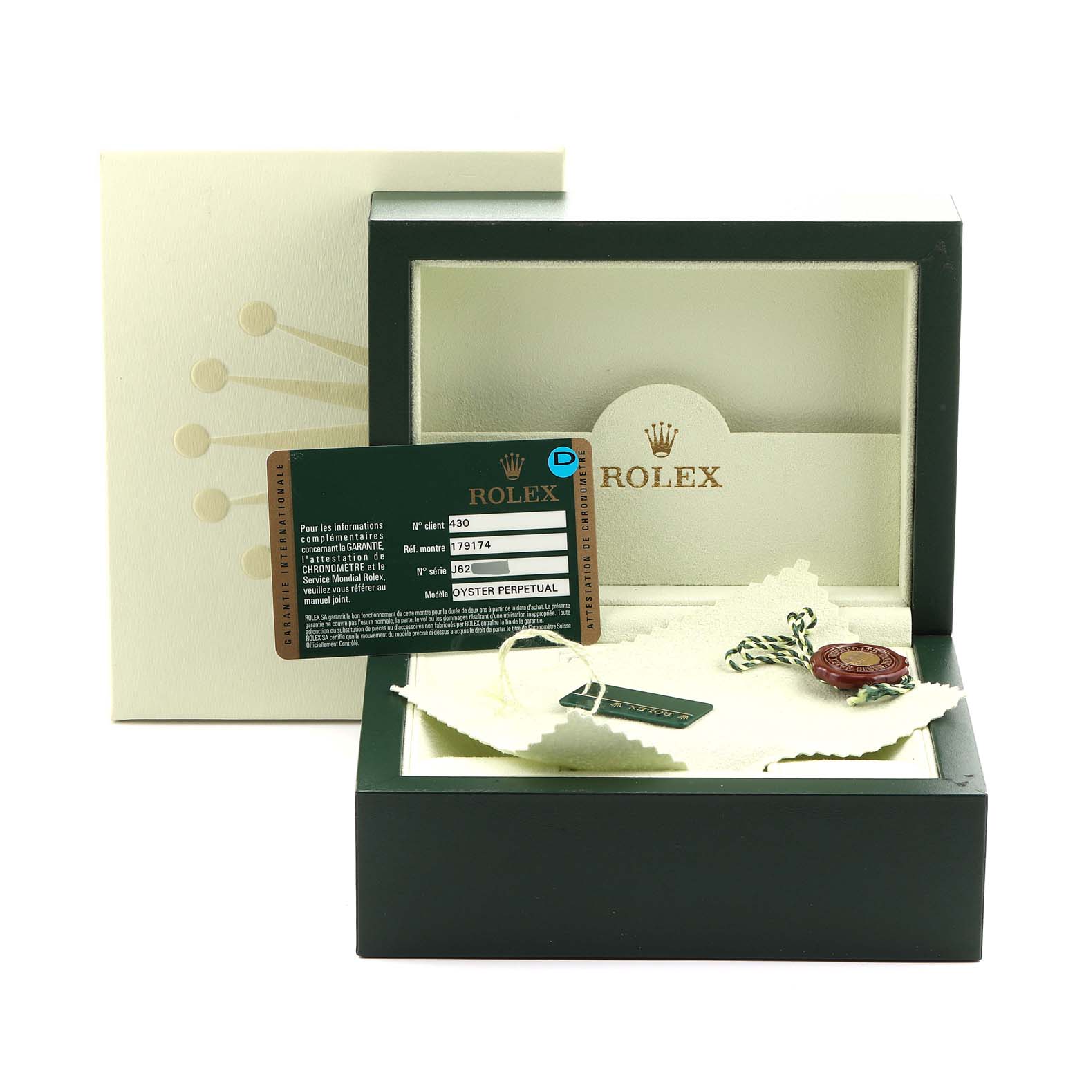 The image shows the packaging with an authenticity card, tags, and a cloth for the Rolex Datejust 179174 Women's Stainless Steel Mother of Pearl Dial 179174 Women's Stainless Steel Mother of Pearl Dial watch model.