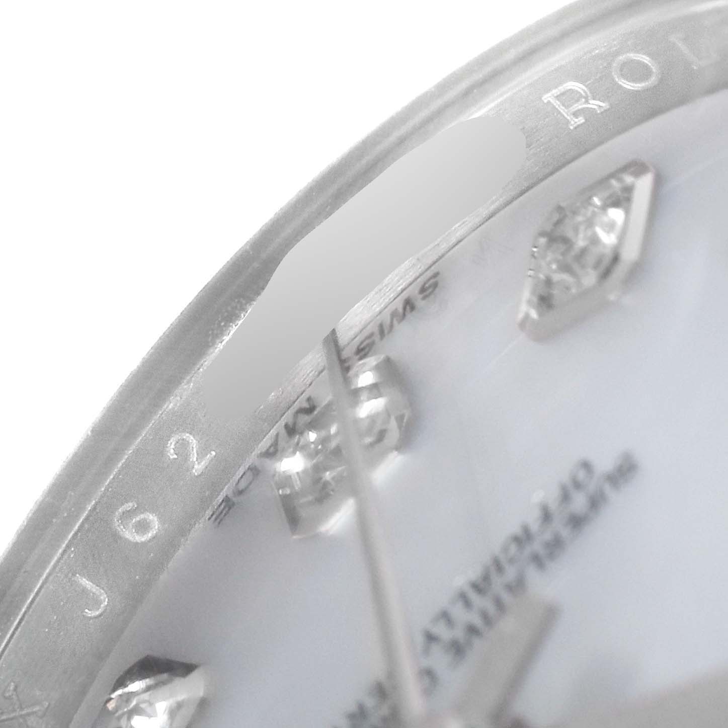 The image shows a close-up of the dial and bezel with diamond markers of the Rolex Datejust 179174 Women's Stainless Steel Mother of Pearl Dial 179174 Women's Stainless Steel Mother of Pearl Dial watch.