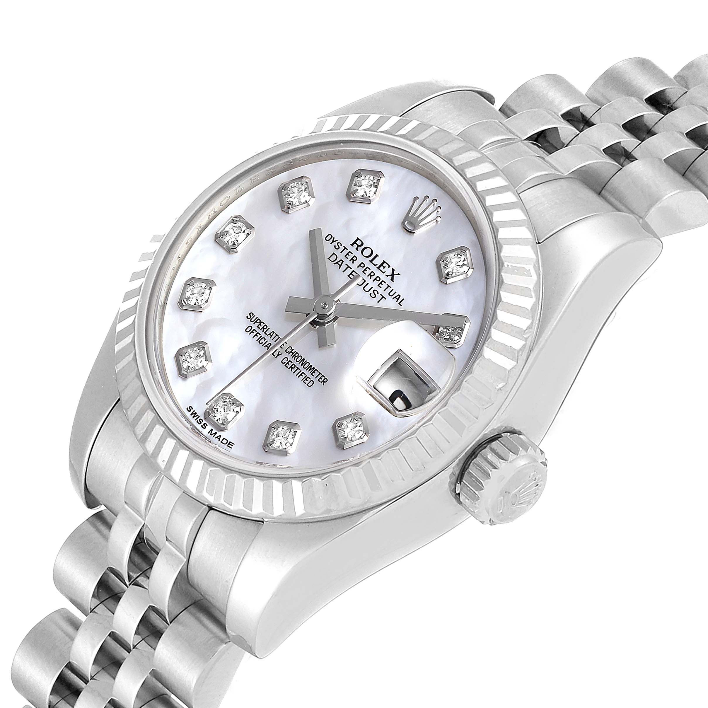 The image shows a close-up angle of a Rolex Datejust 179174 Women's Stainless Steel Mother of Pearl Dial 179174 Women's Stainless Steel Mother of Pearl Dial watch, highlighting its face, bezel, crown, and bracelet.