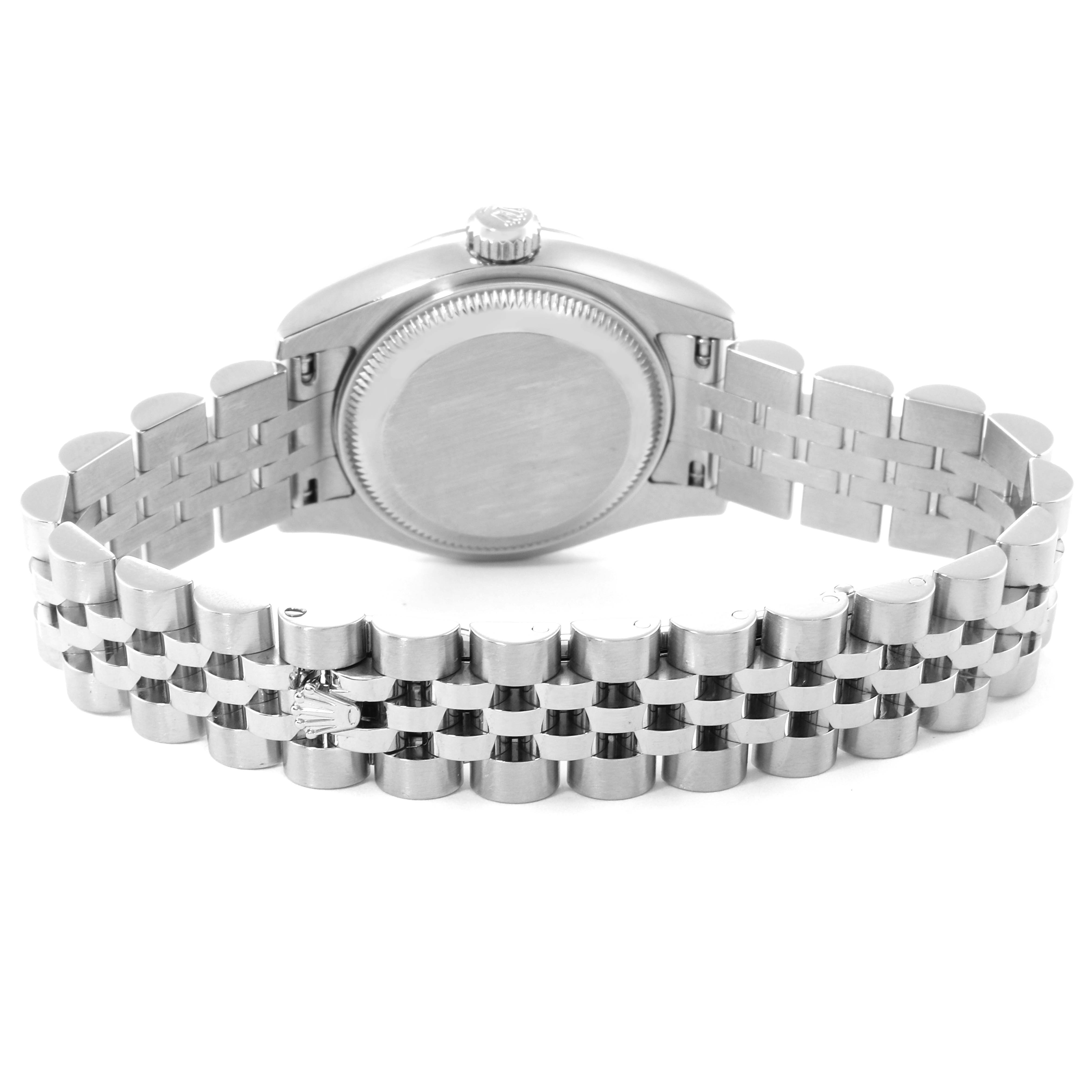 This Rolex Datejust 179174 Women's Stainless Steel Mother of Pearl Dial 179174 Women's Stainless Steel Mother of Pearl Dial watch is shown from the back, displaying its case back and Jubilee bracelet.