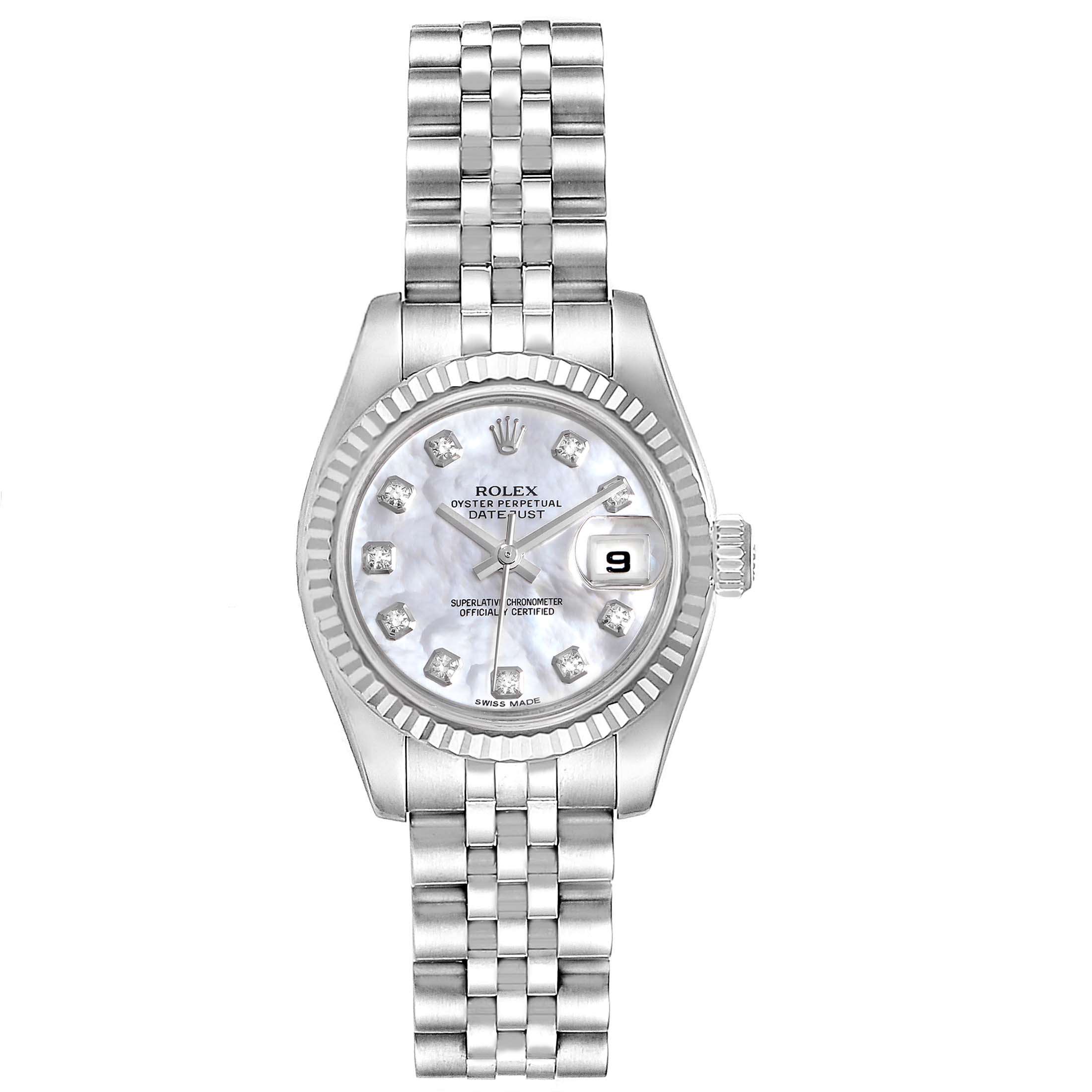 The image shows a Rolex Datejust 179174 Women's Stainless Steel Mother of Pearl Dial 179174 Women's Stainless Steel Mother of Pearl Dial watch from a front angle, highlighting its dial, fluted bezel, and Jubilee bracelet.