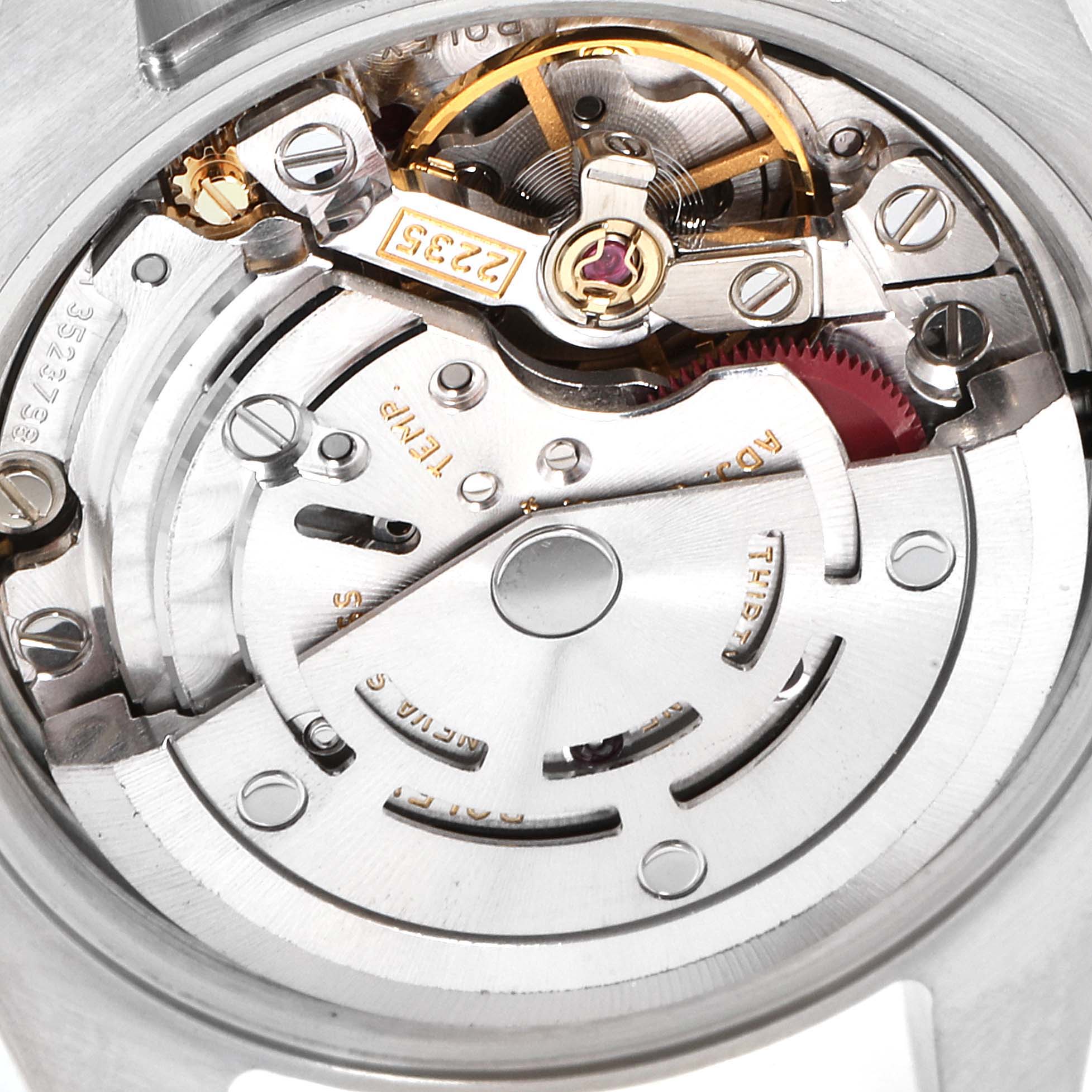 This image shows a close-up of the Rolex Datejust 179174 Women's Stainless Steel Mother of Pearl Dial 179174 Women's Stainless Steel Mother of Pearl Dial watch movement from a rear angle, highlighting its intricate mechanical parts.