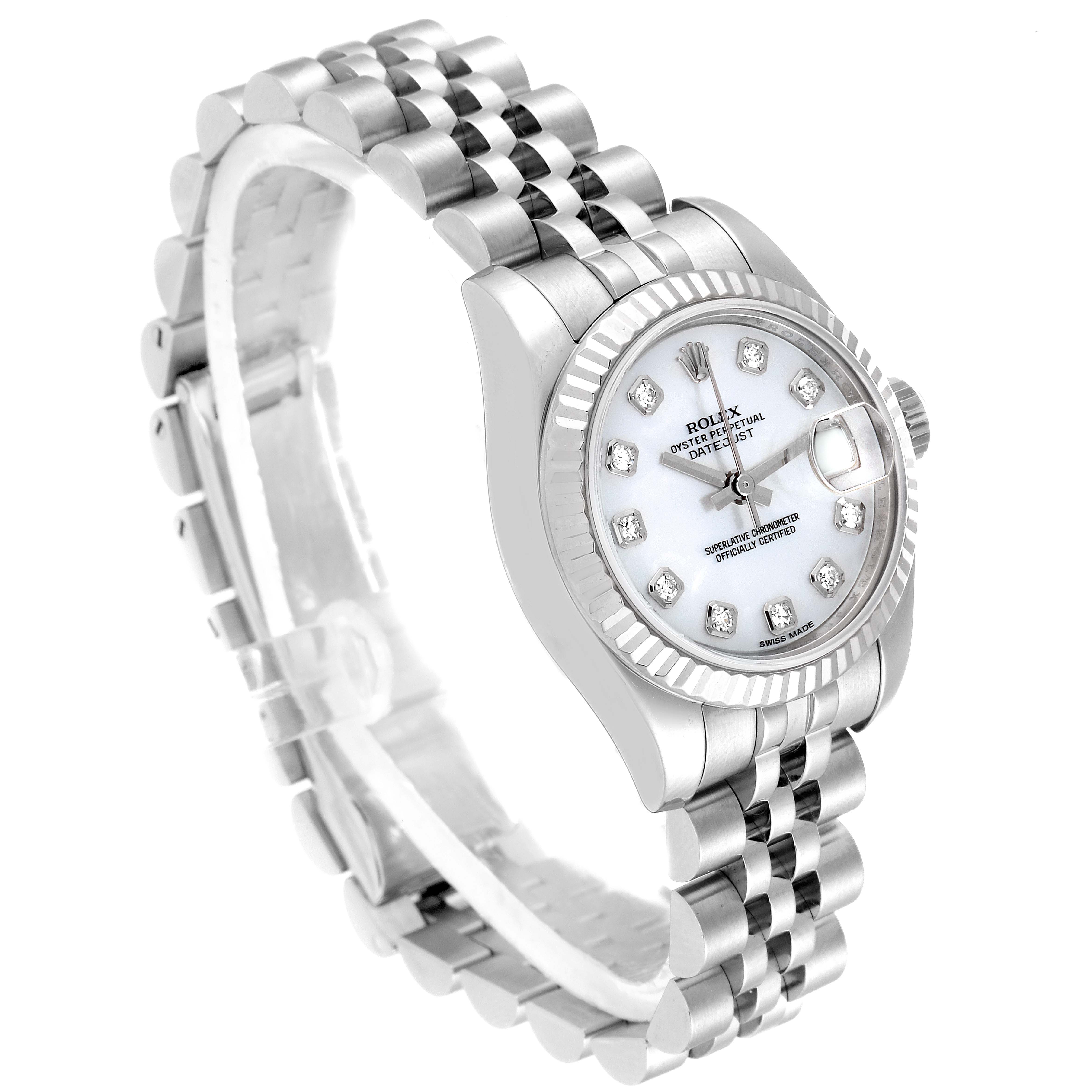 The Rolex Datejust 179174 Women's Stainless Steel Mother of Pearl Dial 179174 Women's Stainless Steel Mother of Pearl Dial watch is shown at a slight angle, highlighting the face, bezel, and bracelet.