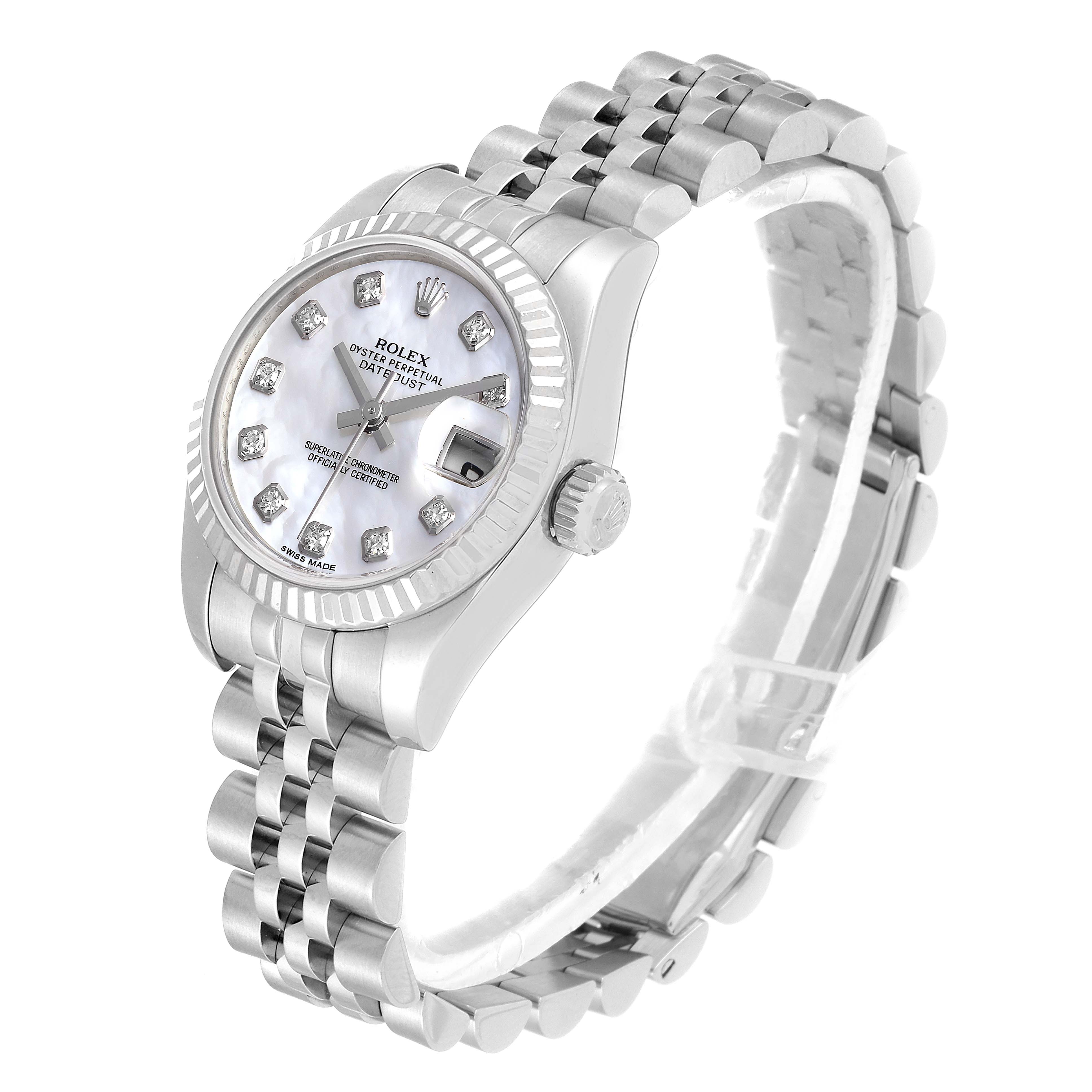 This image shows a Rolex Datejust 179174 Women's Stainless Steel Mother of Pearl Dial 179174 Women's Stainless Steel Mother of Pearl Dial watch angled to display its face, fluted bezel, crown, and Jubilee bracelet.
