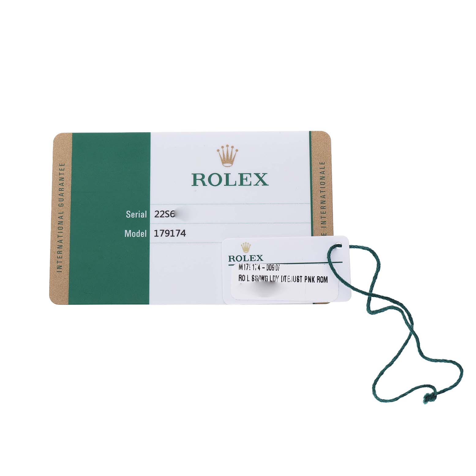 The image shows a Rolex Datejust 179174 Women's Stainless Steel Pink Dial model warranty card with a serial label and a green string tag.