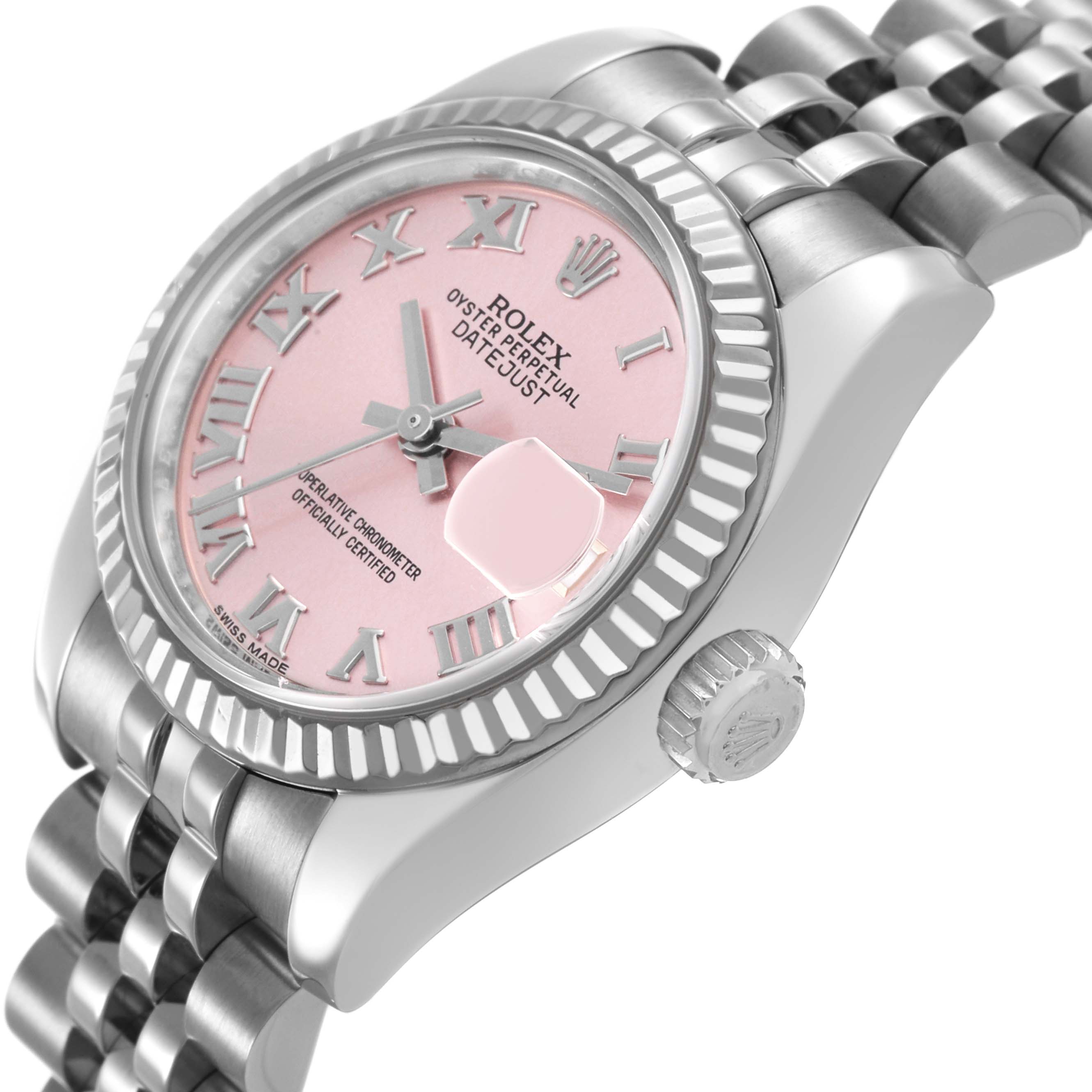 The Rolex Datejust 179174 Women's Stainless Steel Pink Dial watch is shown at an angled side view, highlighting the dial, fluted bezel, and crown.