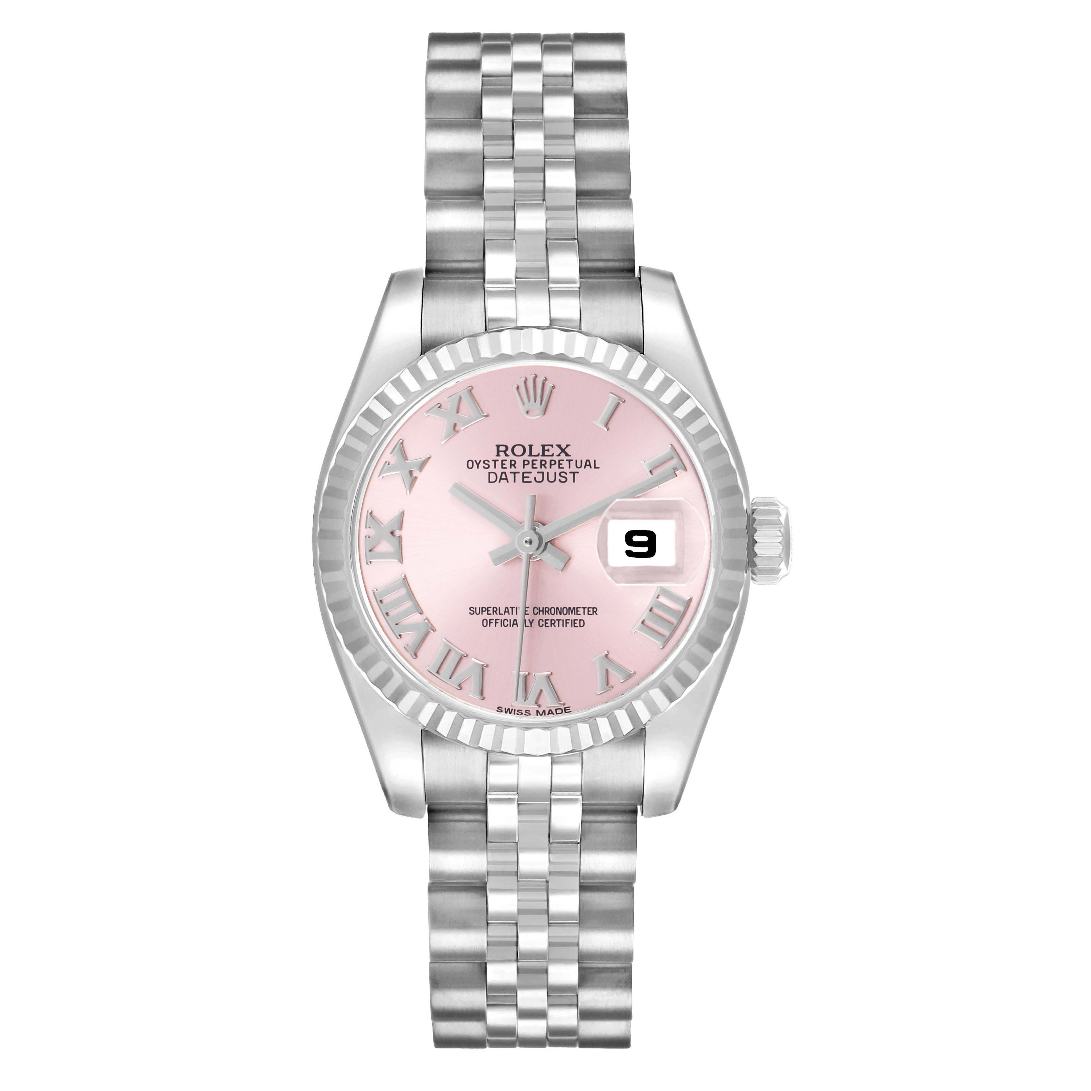 The Rolex Datejust 179174 Women's Stainless Steel Pink Dial watch is shown from a top-down angle, displaying its pink dial, jubilee bracelet, and date window.