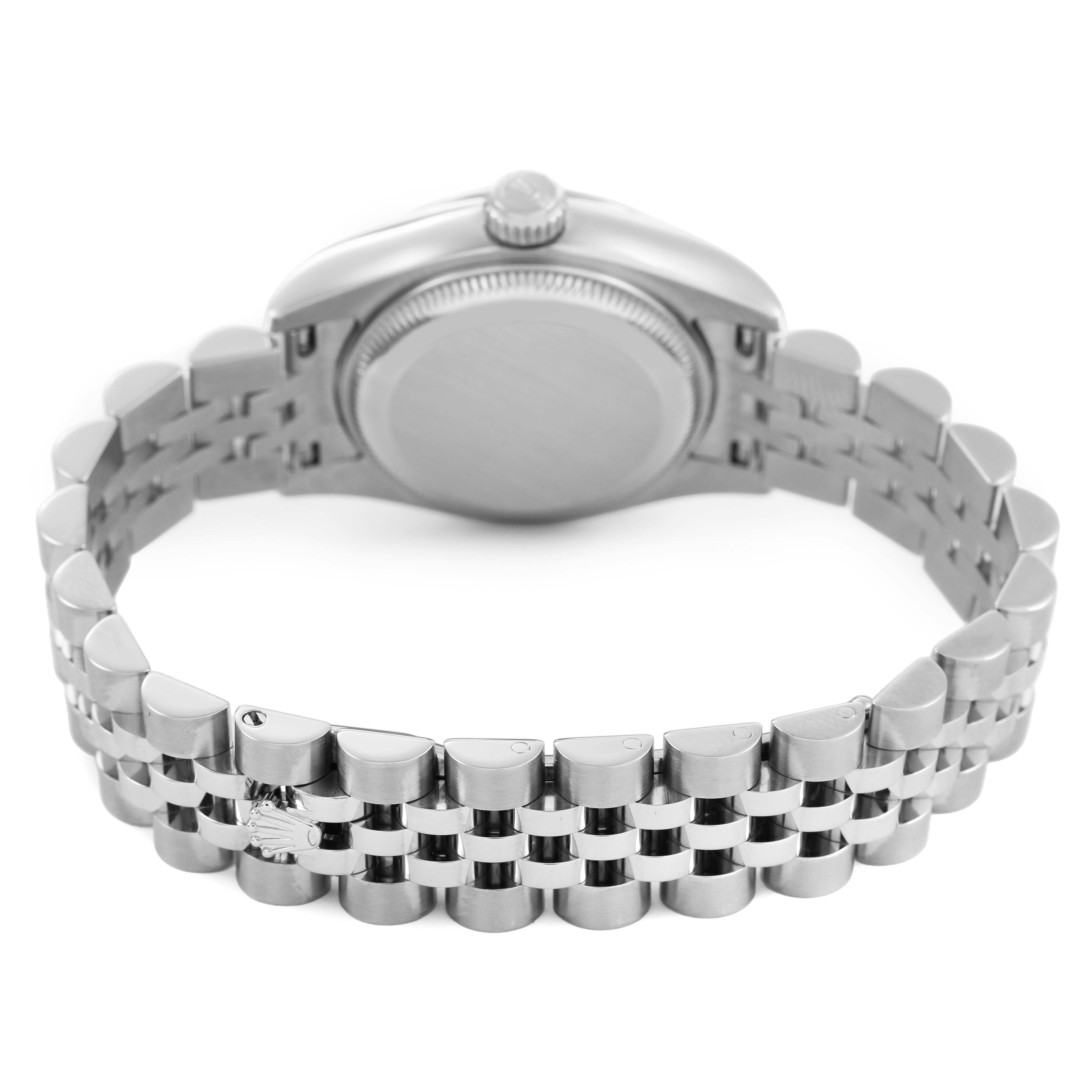 The image shows the back of the Rolex Datejust 179174 Women's Stainless Steel Pink Dial, highlighting the case back and Jubilee bracelet.