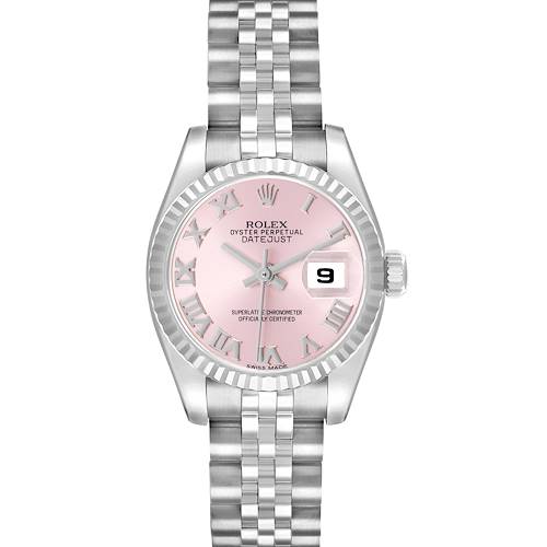 The image shows a Rolex Datejust 179174 Women's Stainless Steel Pink Dial watch from a frontal angle, displaying the pink dial, bezel, and Jubilee bracelet.