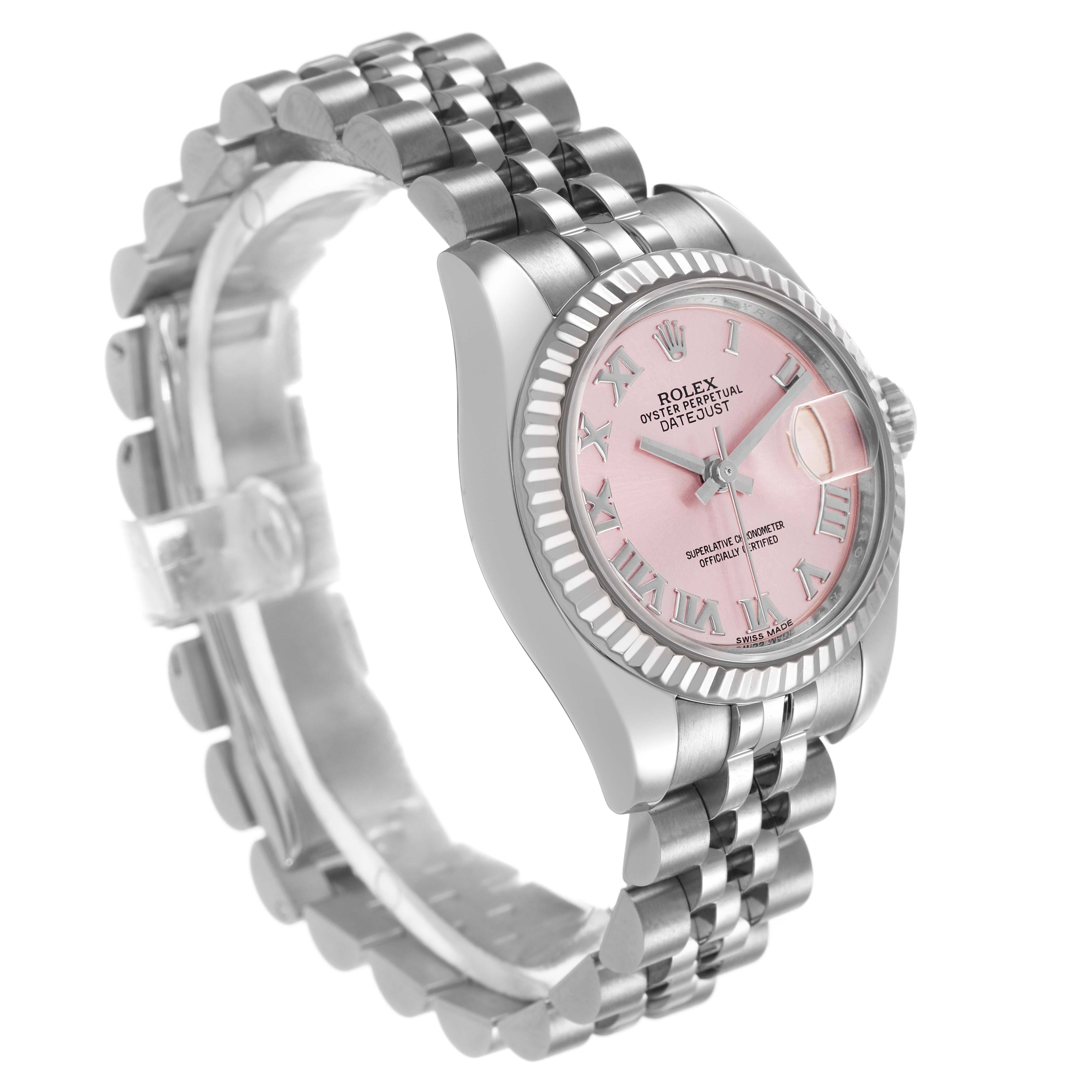 The Rolex Datejust 179174 Women's Stainless Steel Pink Dial watch is shown at a three-quarter angle, displaying the dial, bezel, and part of the bracelet.