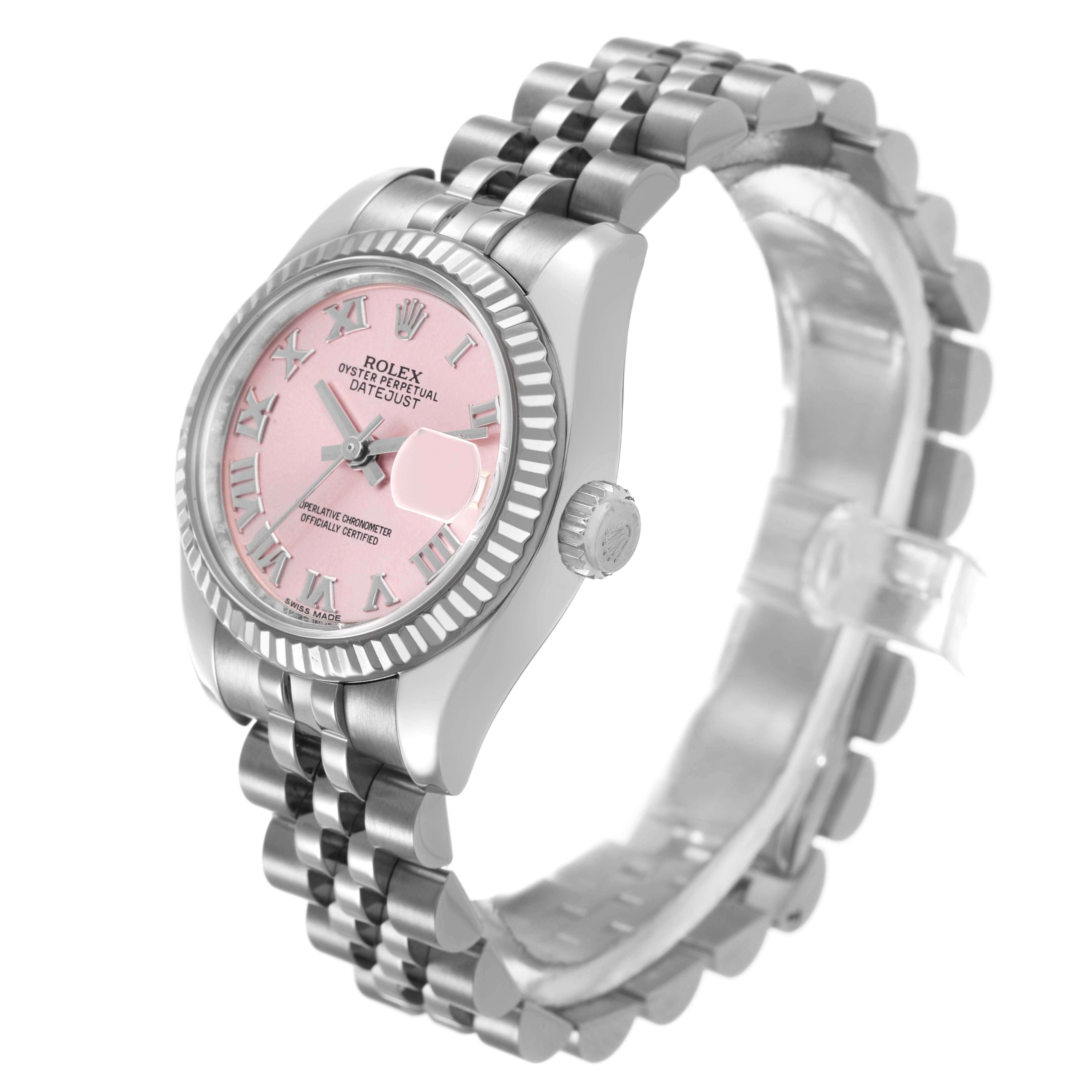 The Rolex Datejust 179174 Women's Stainless Steel Pink Dial watch is shown at an angle highlighting the bracelet, pink dial, and fluted bezel.