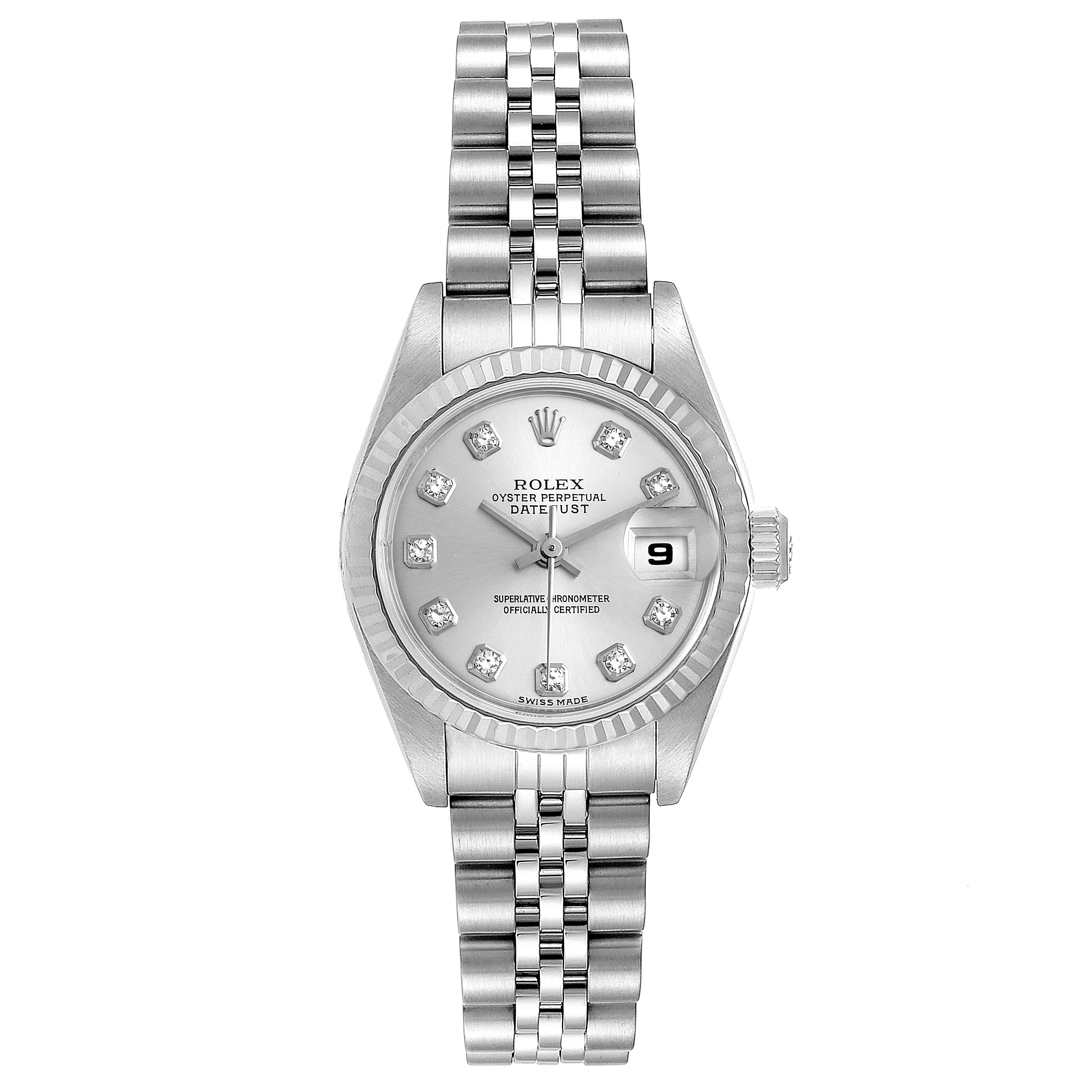 This is a front view of the Rolex Datejust 79174 Women
s Stainless Steel Silver Dial 79174 Women
s Stainless Steel Silver Dial model, showing the dial, hands, band, and date display.