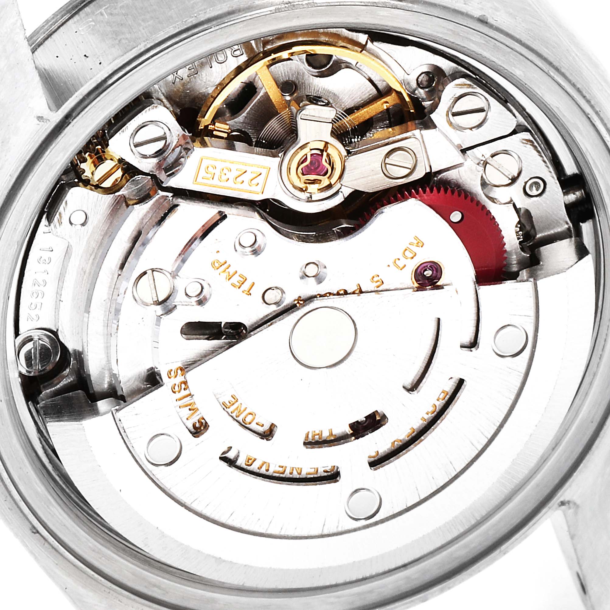 This close-up image shows the intricate internal mechanism of the Rolex Datejust 79174 Women
s Stainless Steel Silver Dial 79174 Women
s Stainless Steel Silver Dial watch, highlighting its movement components.