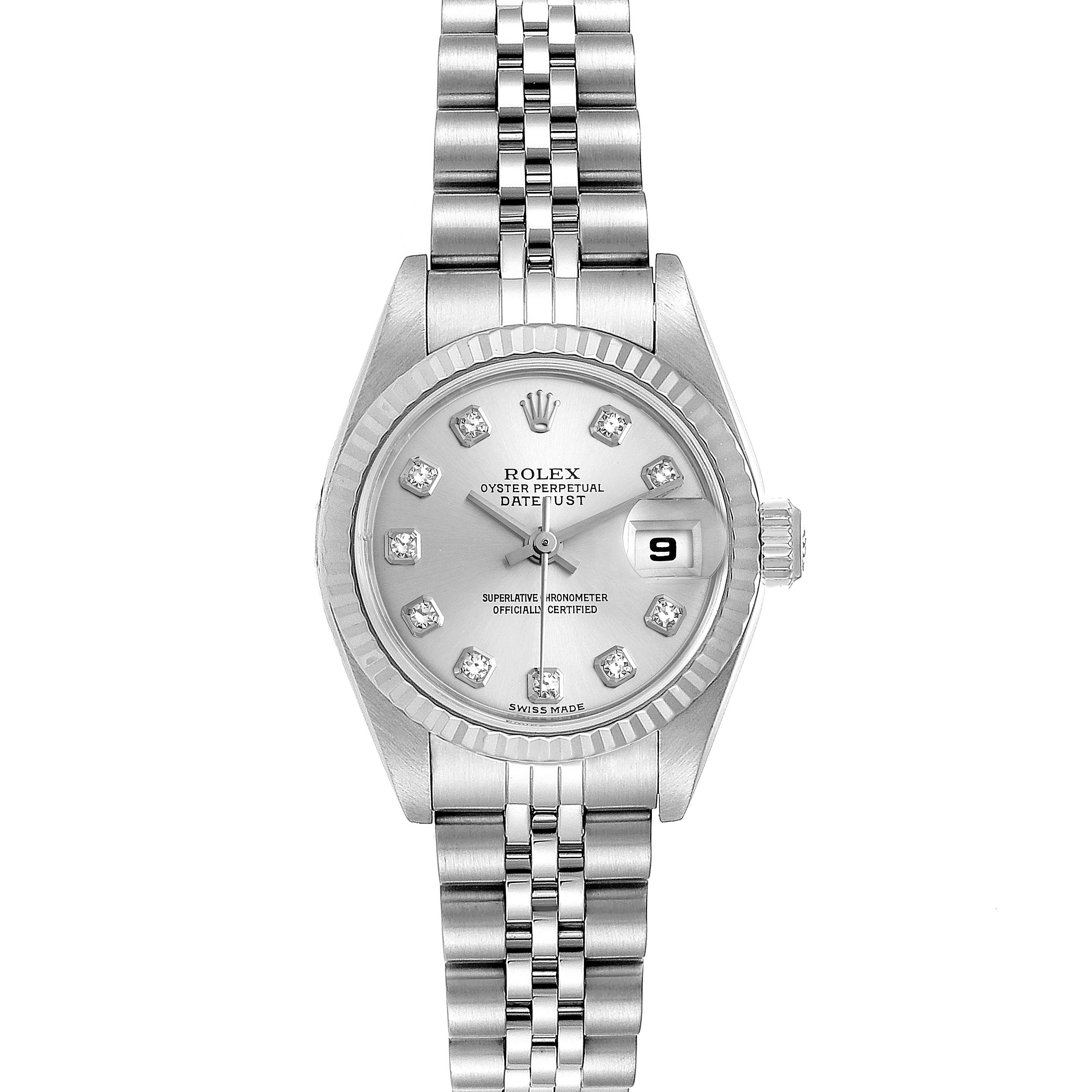 This image shows a frontal view of a Rolex Datejust 79174 Women
s Stainless Steel Silver Dial 79174 Women
s Stainless Steel Silver Dial watch, highlighting the dial, bezel, and bracelet.