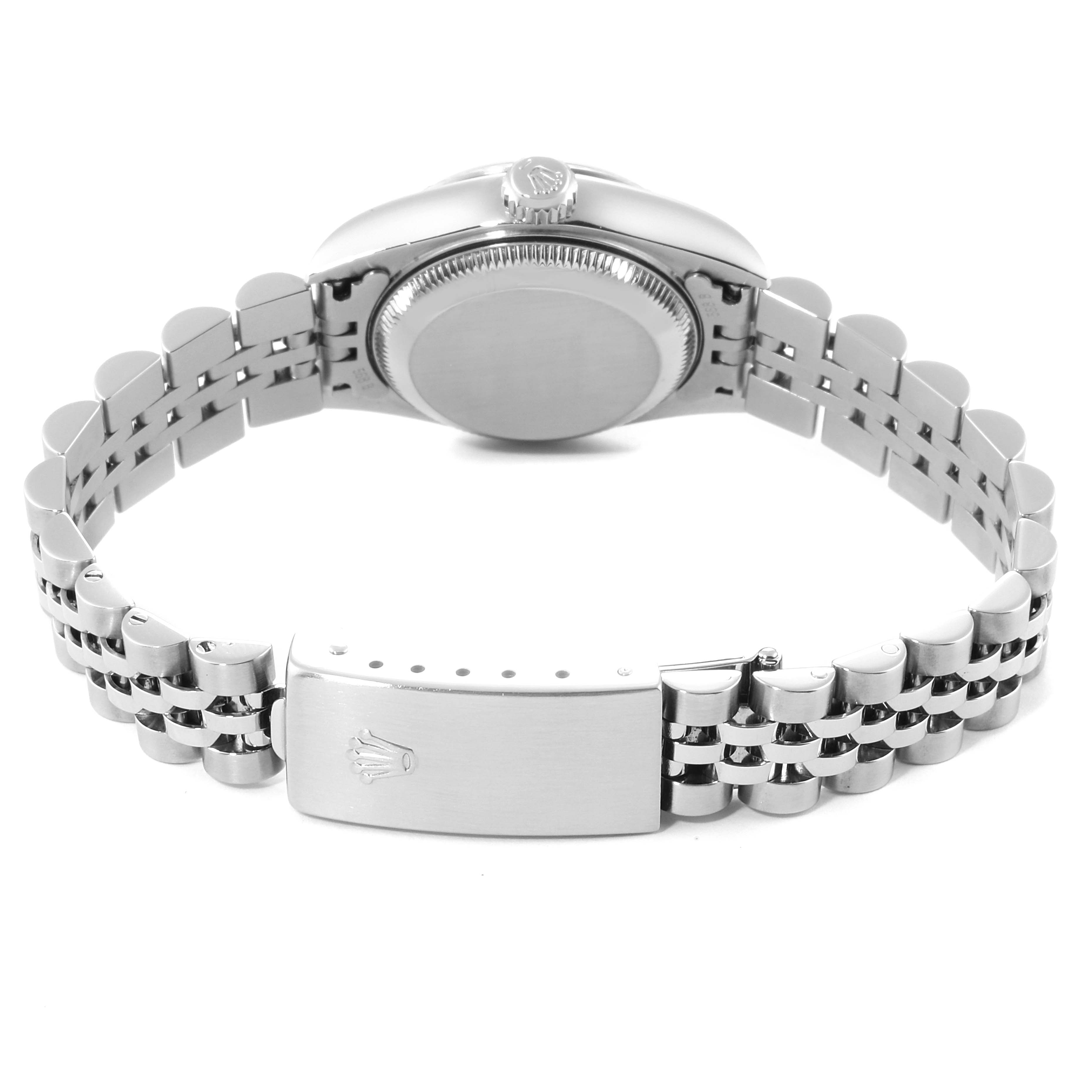 This is a rear view of the Rolex Datejust 79174 Women
s Stainless Steel Silver Dial 79174 Women
s Stainless Steel Silver Dial watch, showing its case back, crown, and bracelet with the clasp visible.