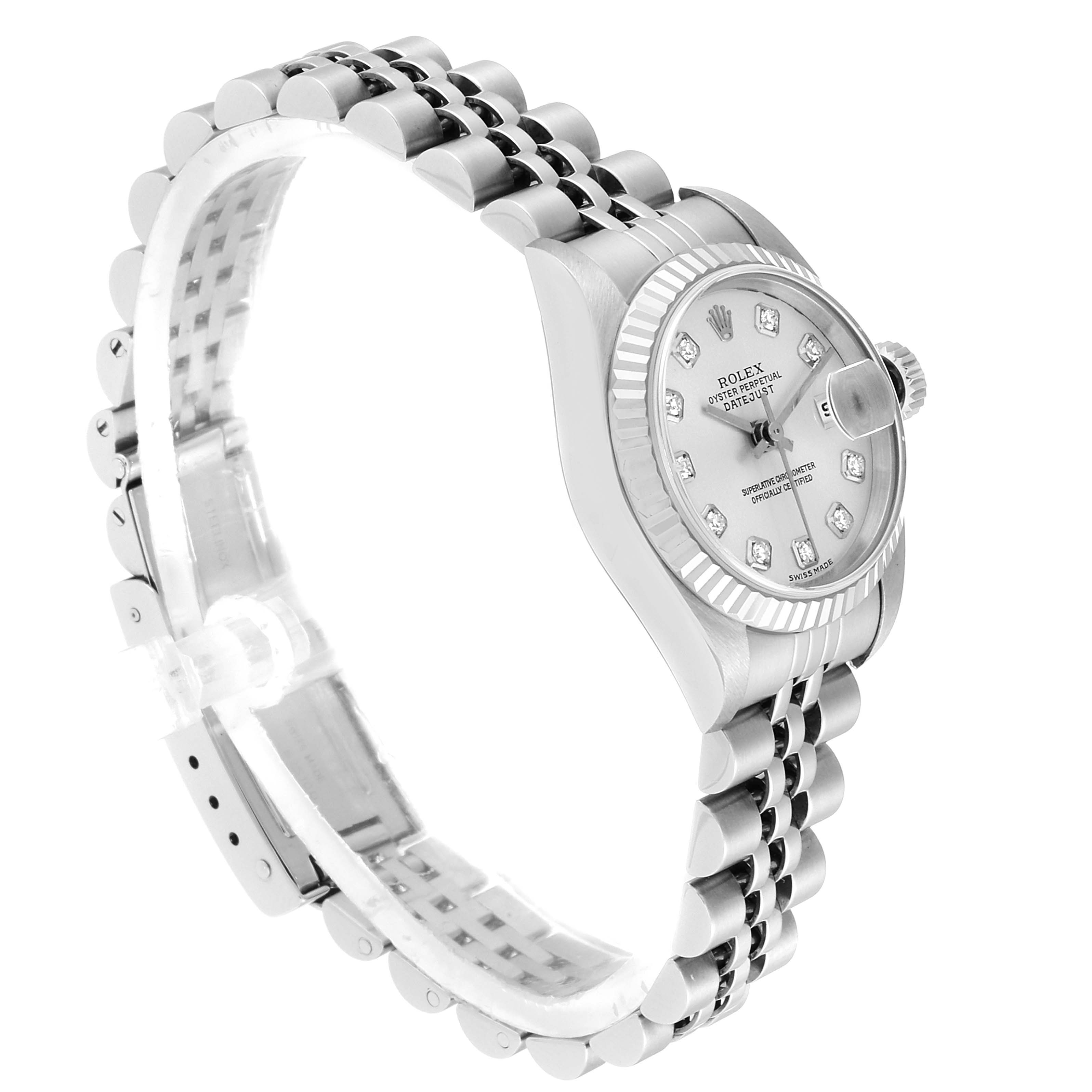 The Rolex Datejust 79174 Women
s Stainless Steel Silver Dial 79174 Women
s Stainless Steel Silver Dial watch is shown at an angled side view, highlighting its face, bezel, crown, and Jubilee bracelet.