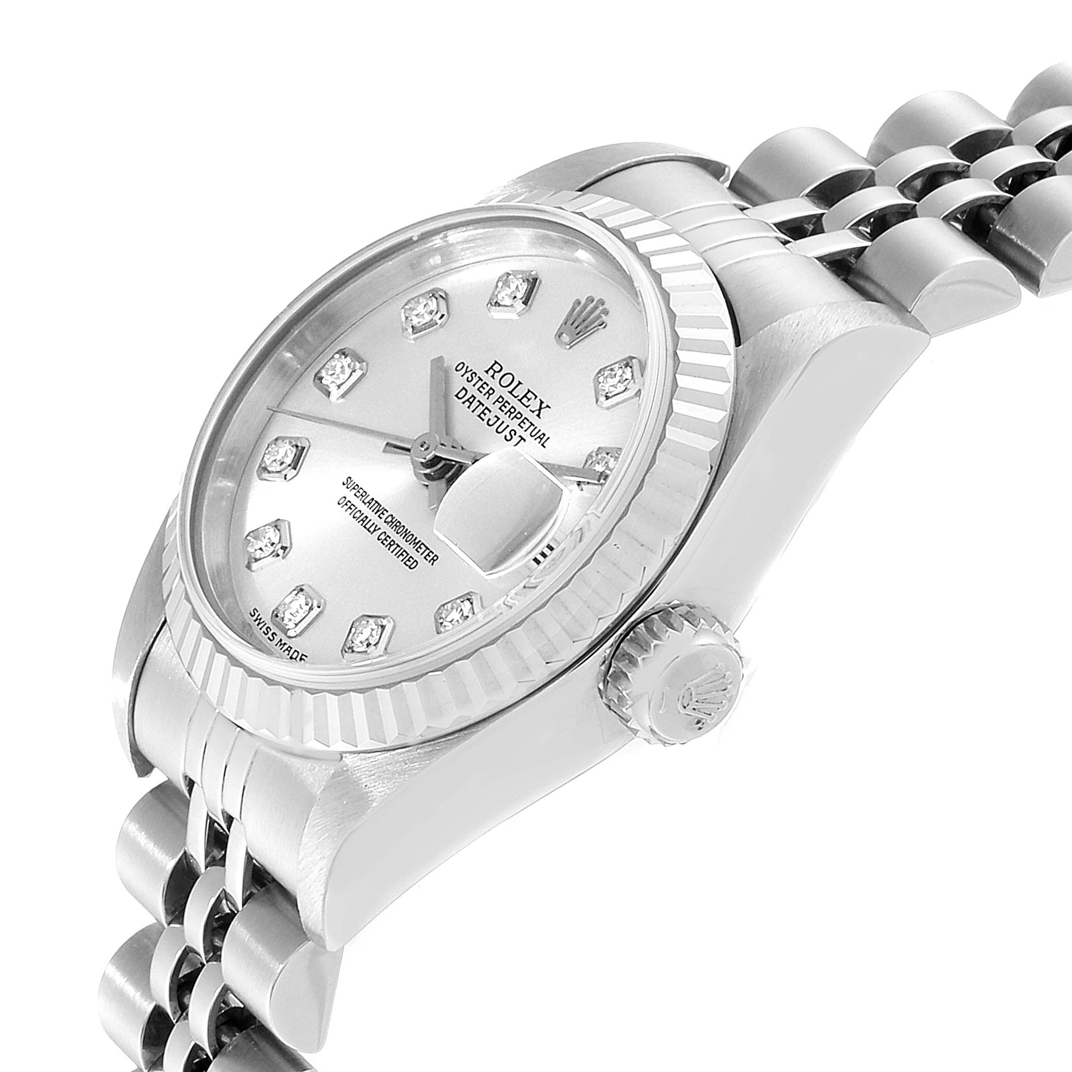 This image shows a Rolex Datejust 79174 Women
s Stainless Steel Silver Dial 79174 Women
s Stainless Steel Silver Dial watch from an angled side view, highlighting the dial, bezel, crown, and part of the bracelet.