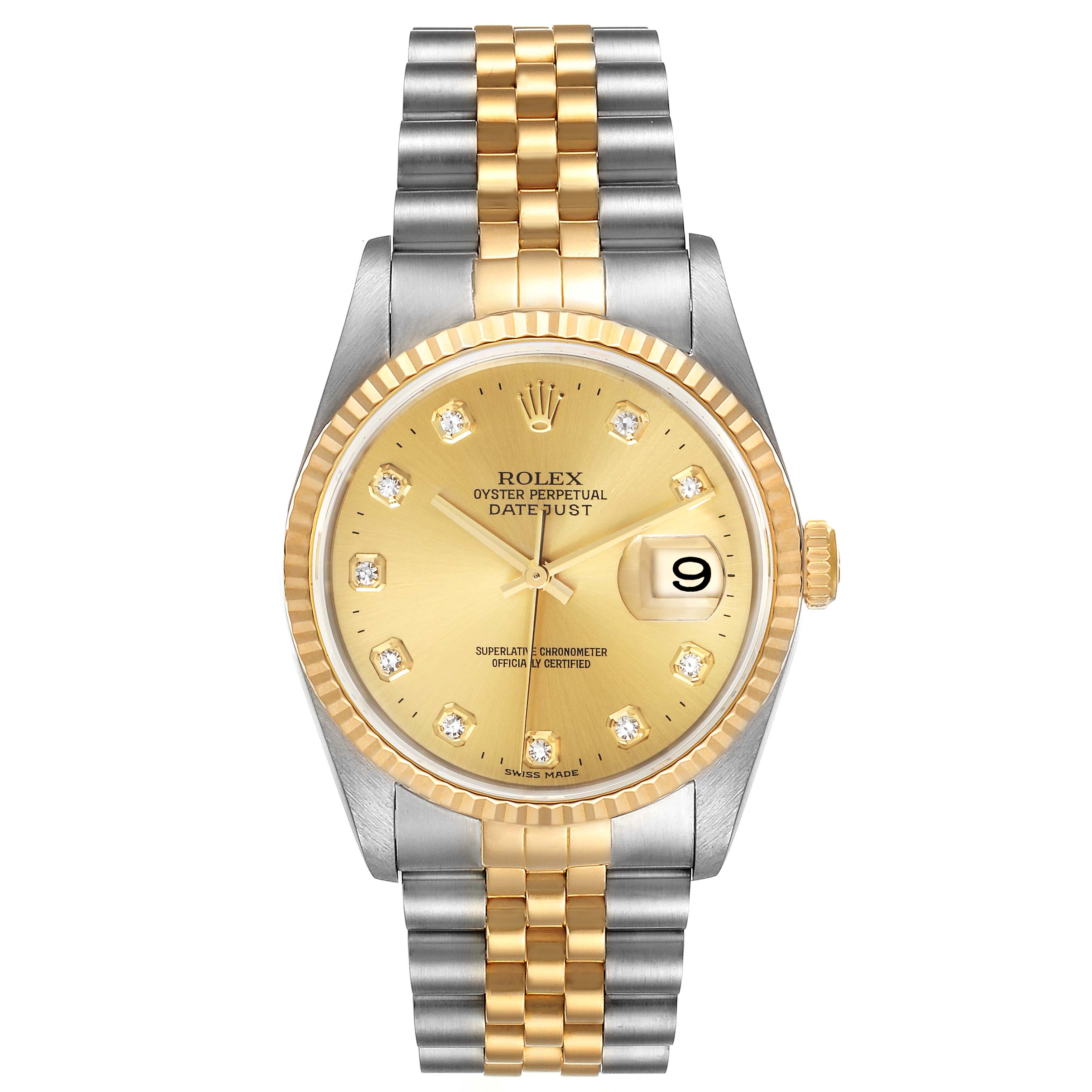 The image shows a front view of a Rolex Datejust 16233 Men's Steel and Gold (two tone) Champagne Dial 16233 Men's Steel and Gold (two tone) Champagne Dial watch with a gold dial, fluted bezel, and two-tone gold and silver bracelet.