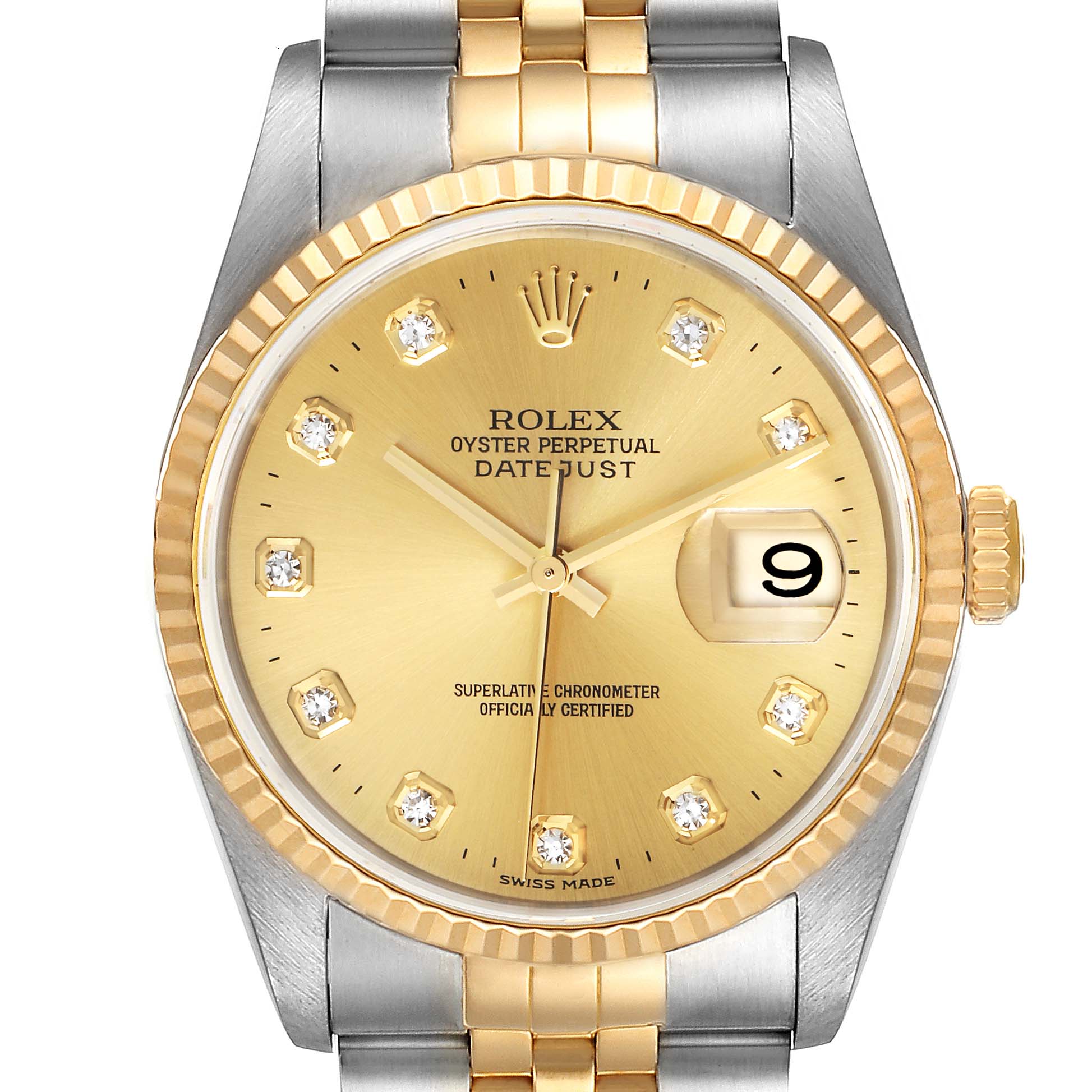 The image shows a front view of a Rolex Datejust 16233 Men's Steel and Gold (two tone) Champagne Dial 16233 Men's Steel and Gold (two tone) Champagne Dial watch, highlighting its gold and stainless steel components with diamond hour markers.