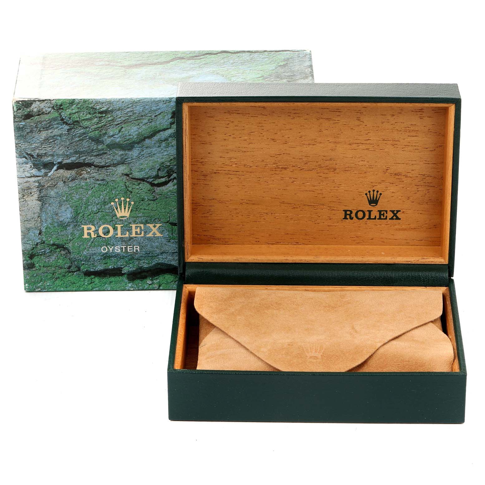 The image shows the open box and inner pouch of a Rolex Datejust 16233 Men's Steel and Gold (two tone) Champagne Dial 16233 Men's Steel and Gold (two tone) Champagne Dial watch from a front angle.